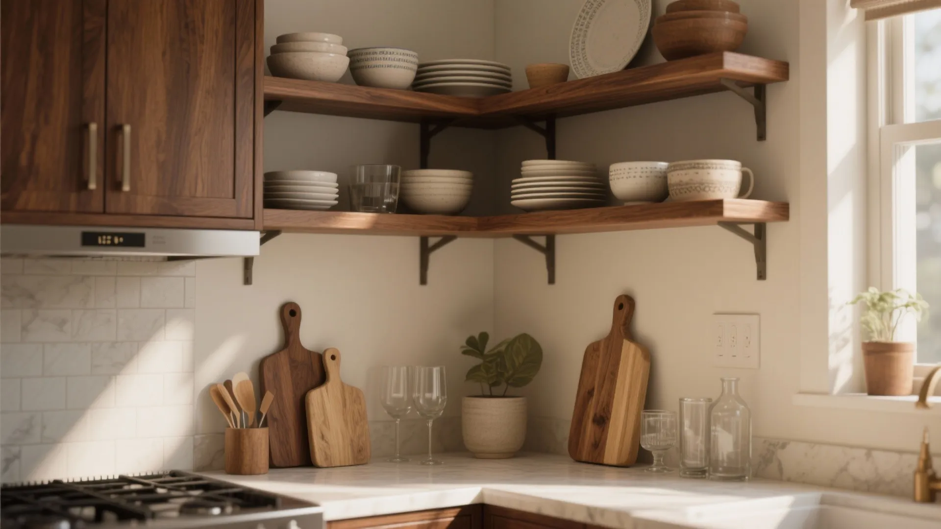 3. Walnut and open shelving for texture