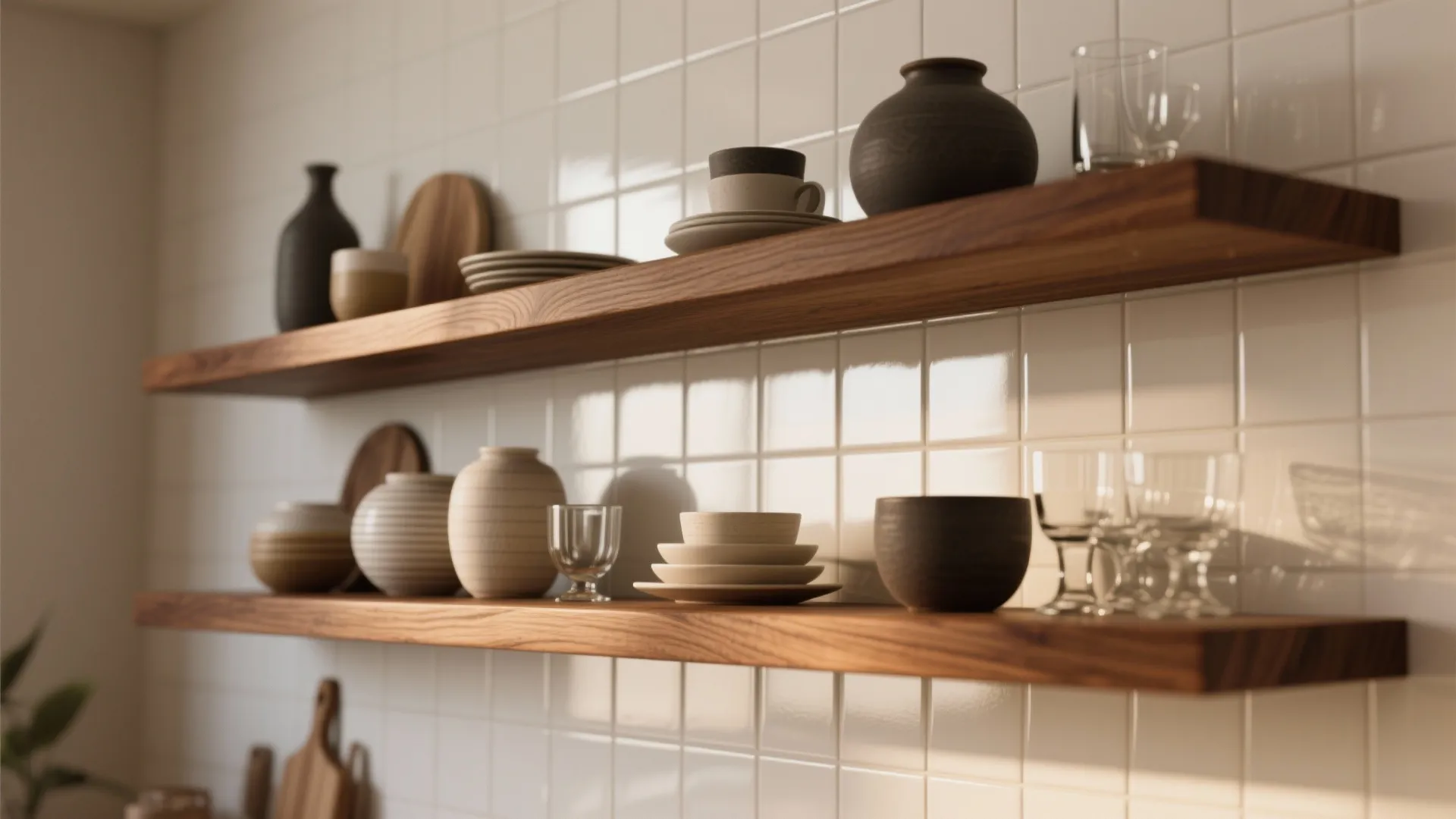 3. White full-height backsplash with walnut open shelving
