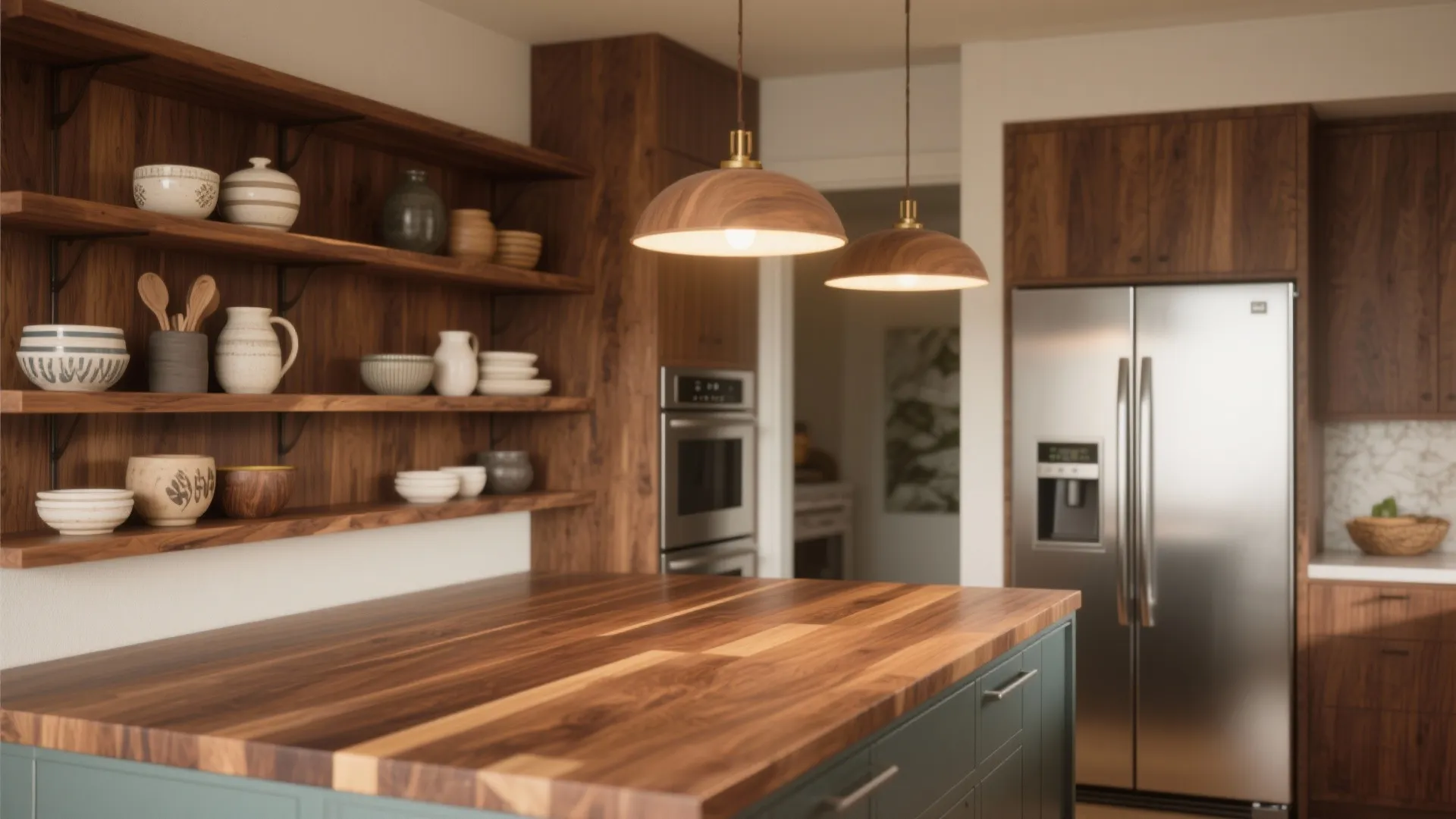 Modern kitchen featuring wooden shelves with ceramic bowls and a large stainless steel refrigerator unit