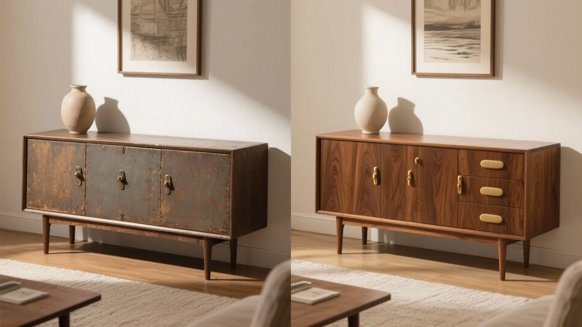 Before-and-after of a thrifted walnut sideboard restored with oiled wood and cleaned brass hardware.
