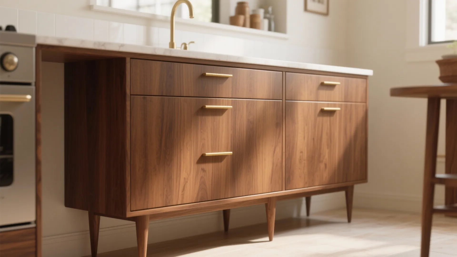 1) Slab walnut fronts on slim frames