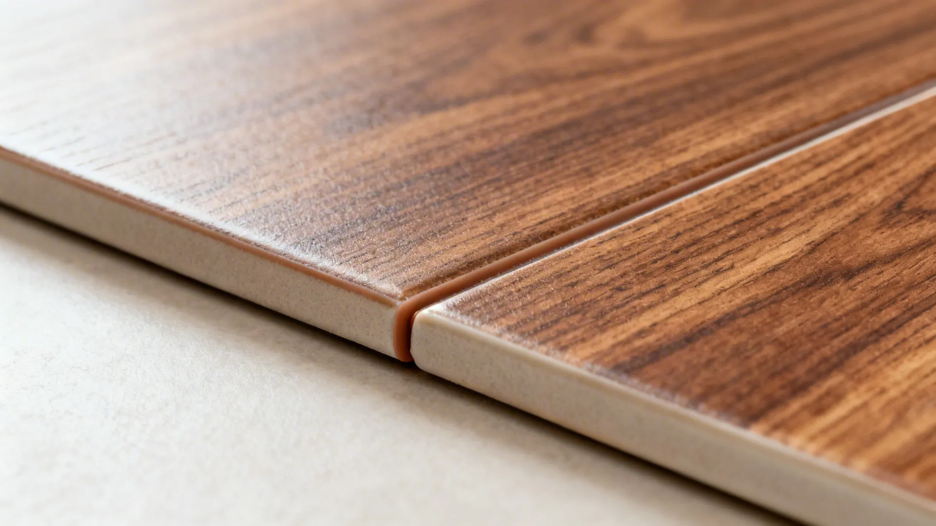 Macro of walnut-look porcelain slab with matte grain and near-invisible seam.
