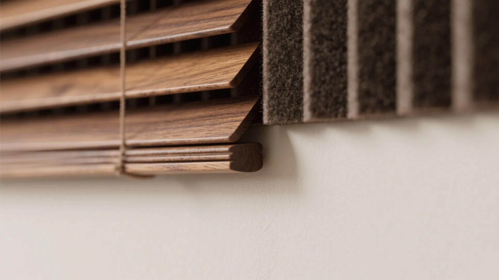 Detailed close up of dark wooden window blinds slats alongside grey soft vertical textured fabric