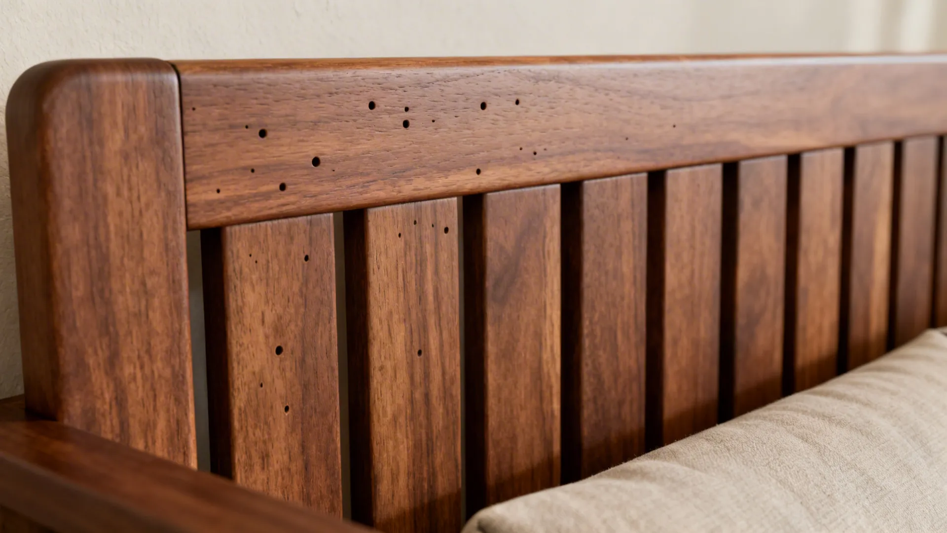 Macro of walnut slatted back with matte finish and rounded edges under soft light.