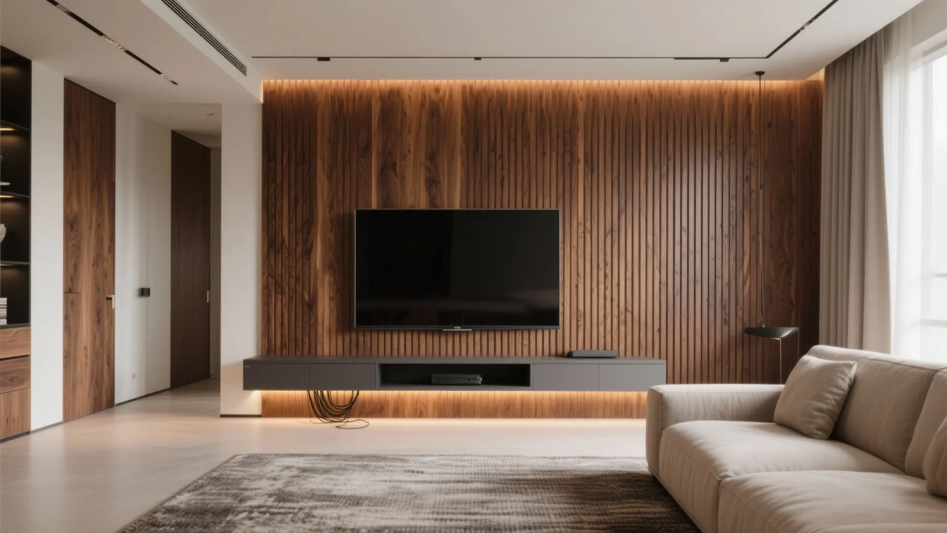 Warm wood slat backdrop with concealed wiring