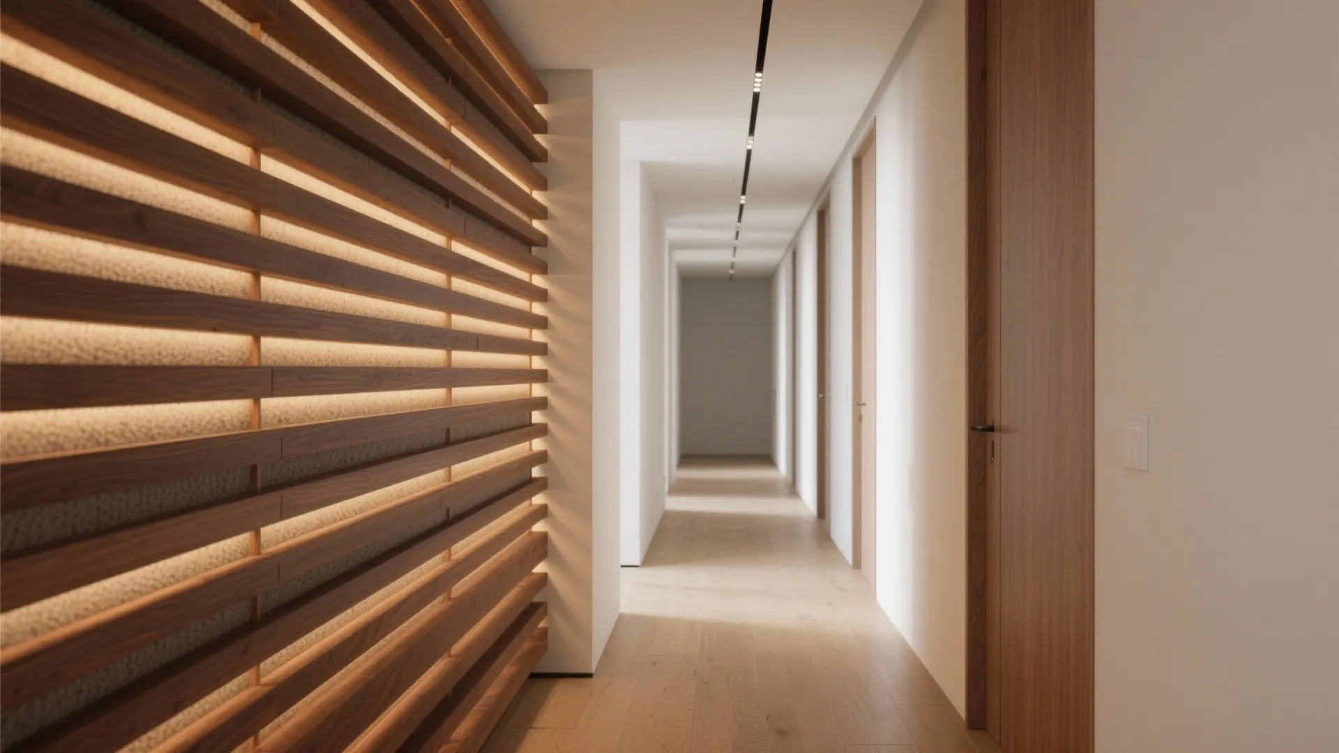 Modern hallway interior design with walnut wood wall panel lighting and bright wooden floor hallway