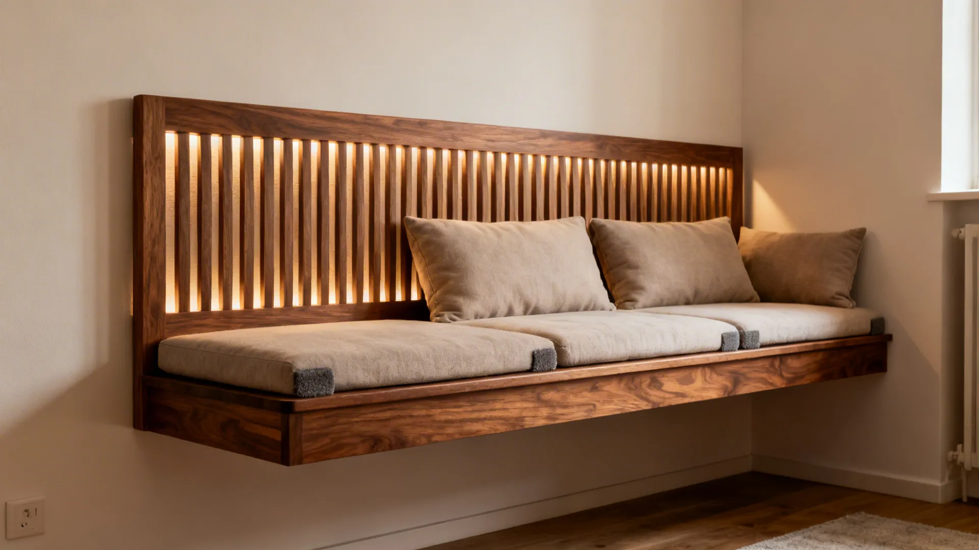 Walnut sofa with a slatted backrest floated off the wall under soft layered lighting.