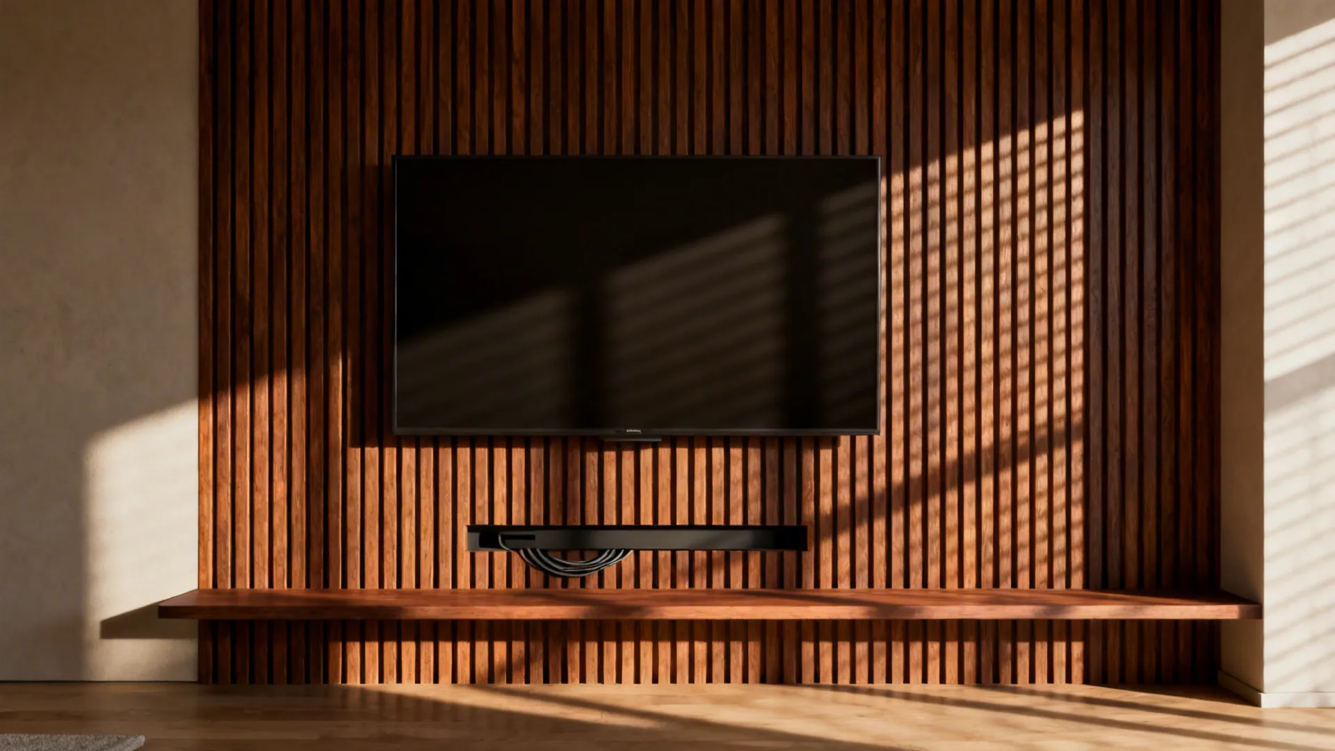 Living room with vertical walnut slatted panel behind TV and concealed cable channel.