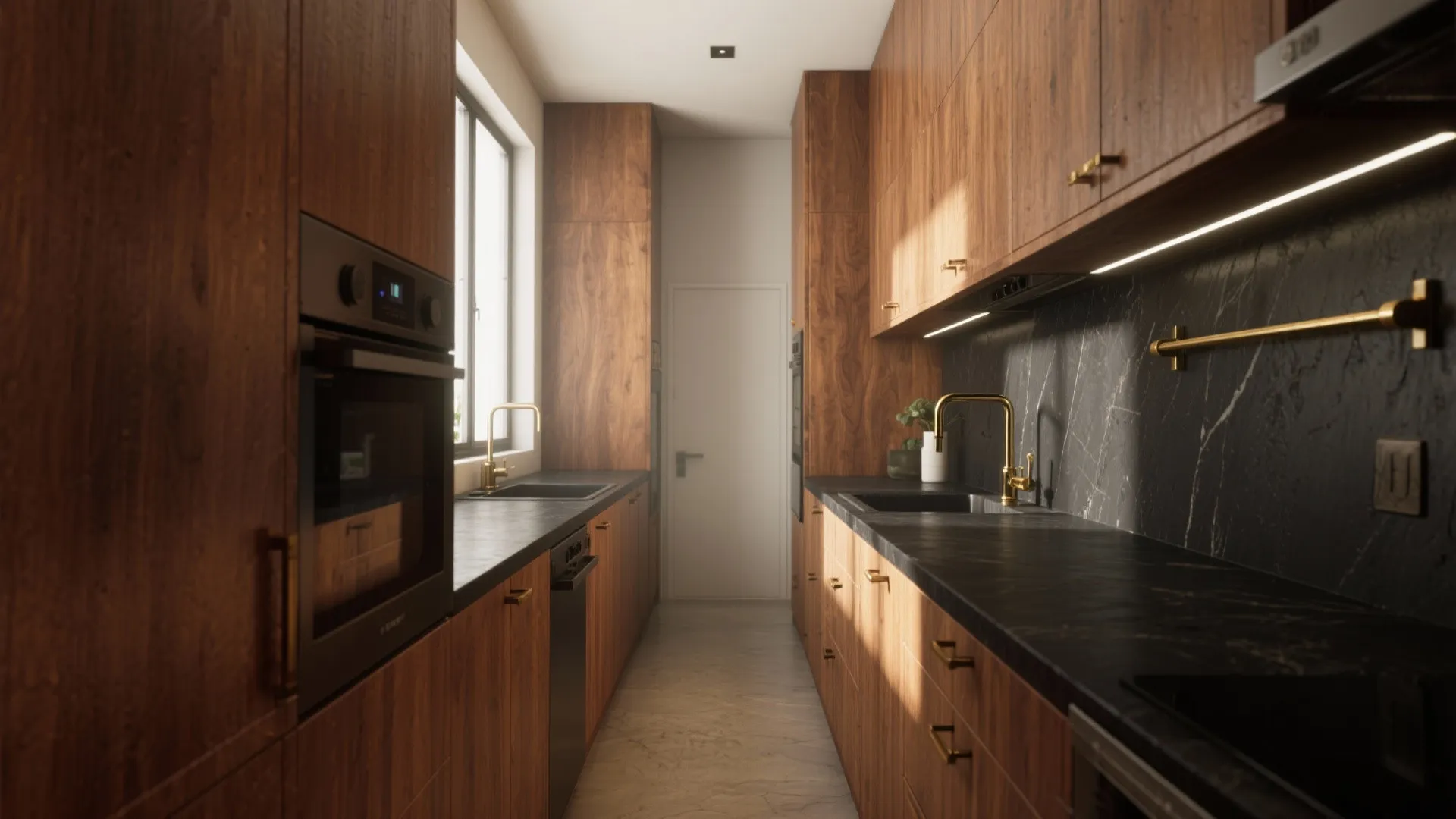 2. Warm Wood Cabinets to Soften the Black