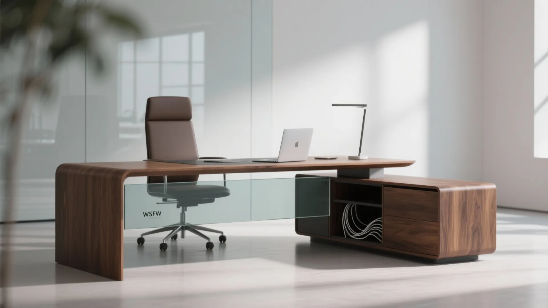 Large wooden executive desk with leather chair laptop and desk light in modern white office