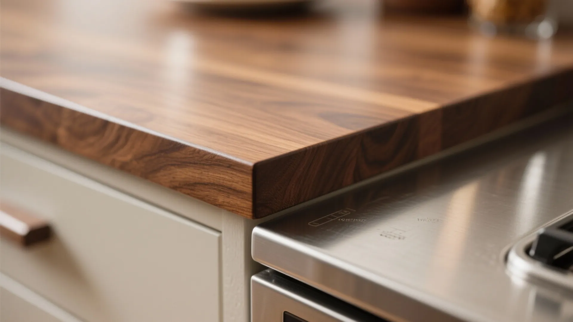 Warm wood tones to balance cool marble and steel