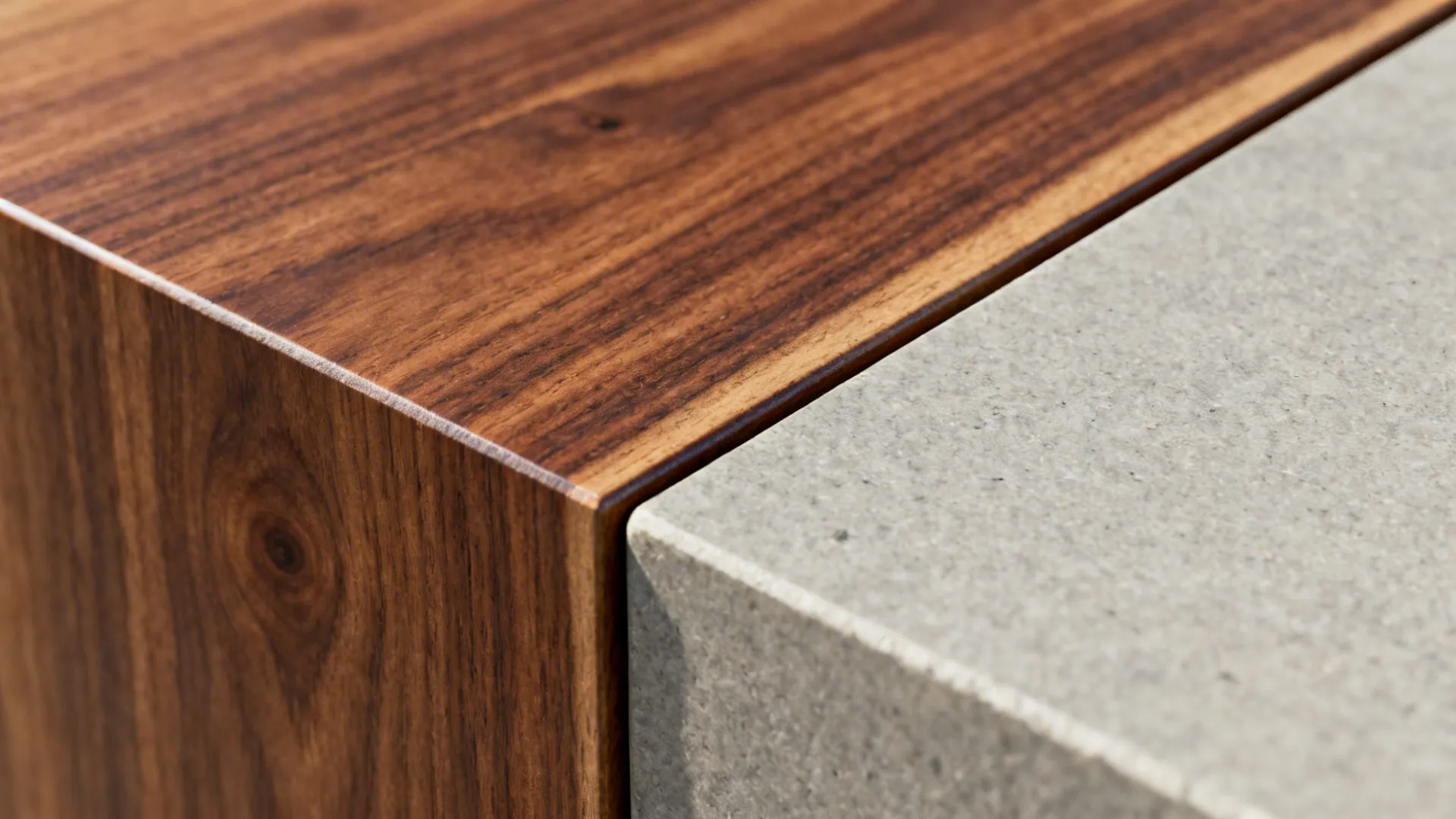 Macro of edge-grain walnut slab with micro-bevel meeting soft-grey stone.