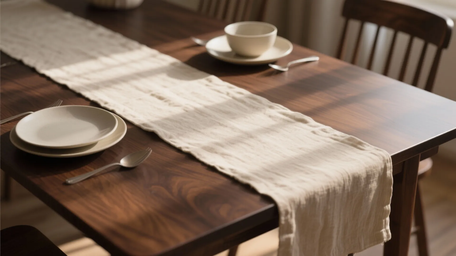 Dining table with cream runner beige plates and silver forks in bright natural sunlight setting