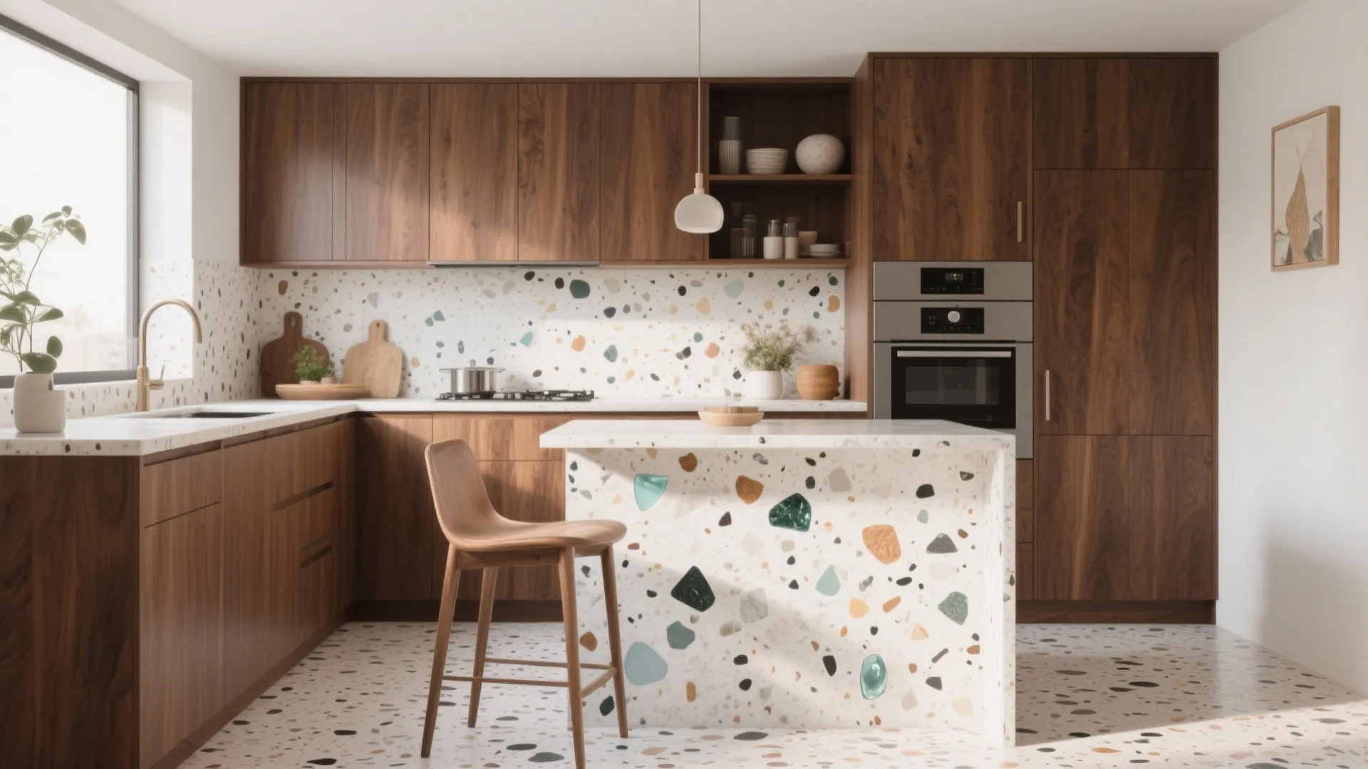 Modern walnut wood kitchen with colorful terrazzo floor tile and matching wall backsplash and island surface