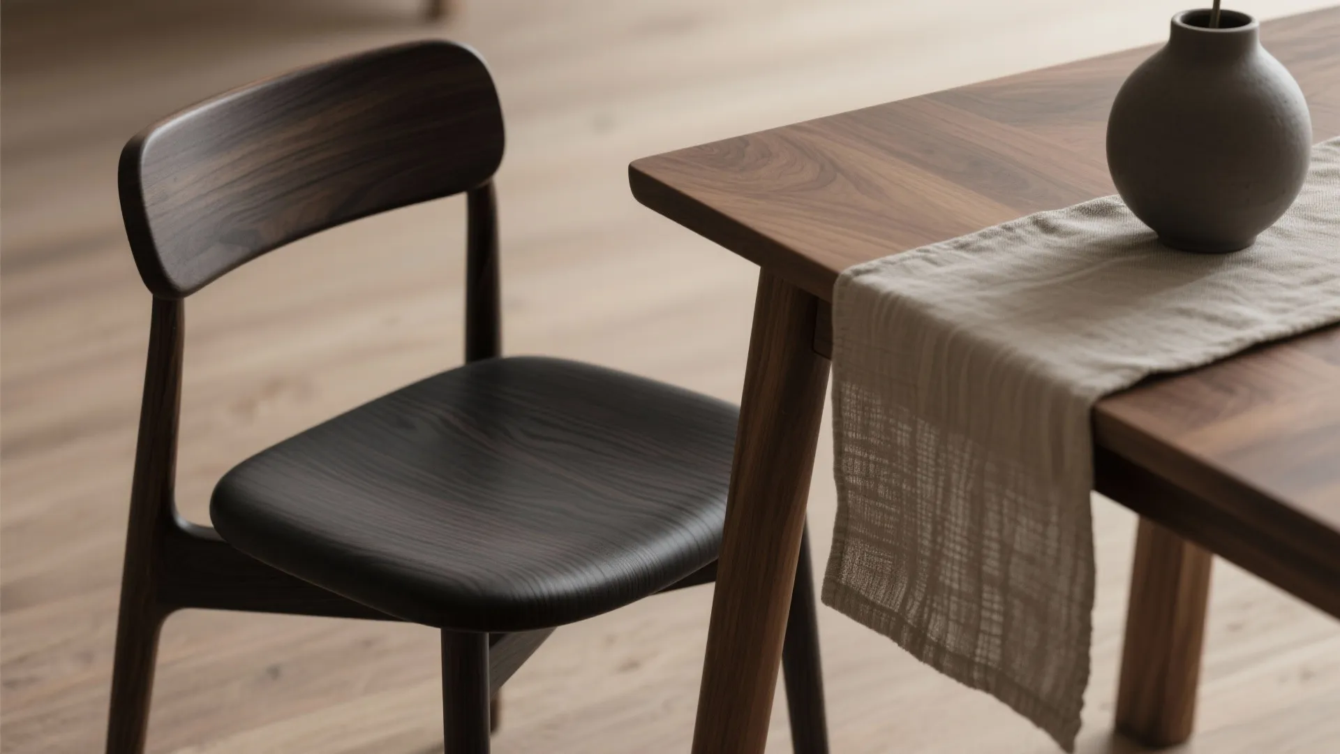 Close up of a dark wood chair and wooden table with a simple ceramic vase