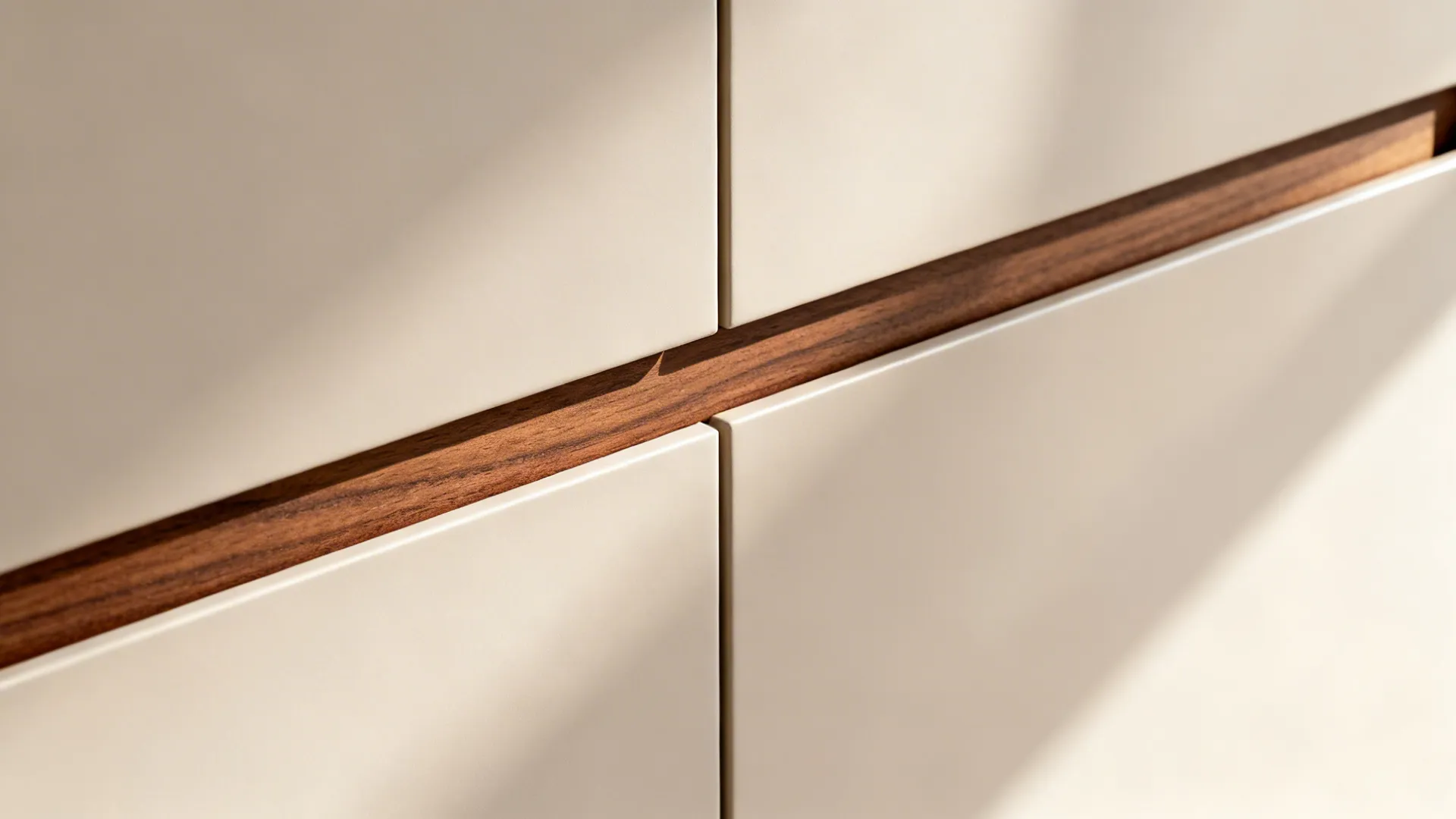 Macro of walnut trim and matte cabinet finish with precise alignment