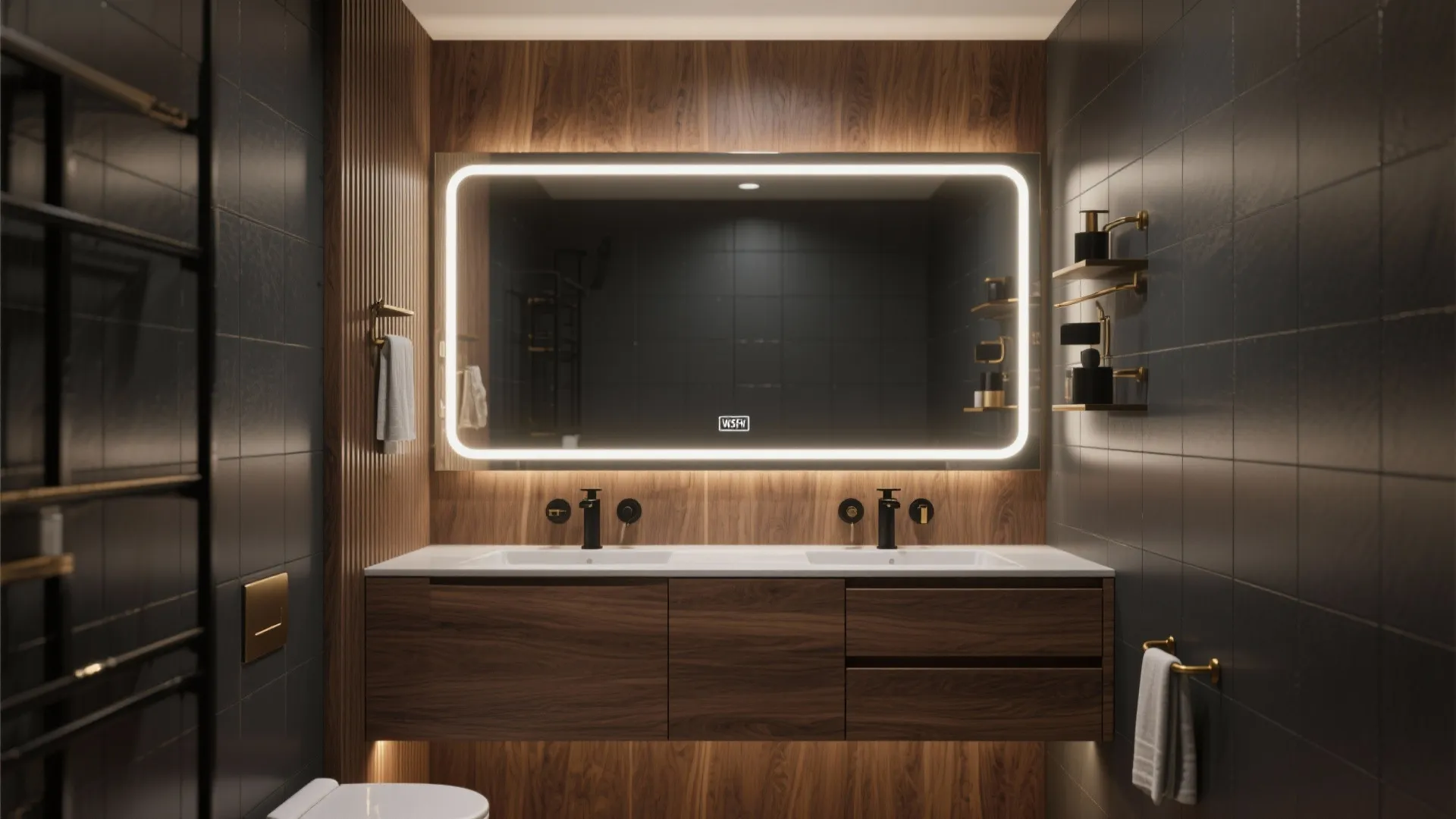 Floating walnut vanity with a backlit mirror and mixed black and brass fixtures against dark tiles.