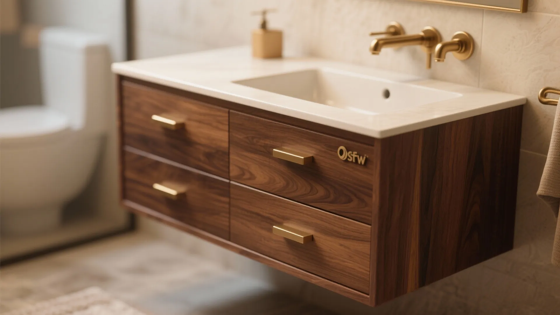 Modern floating walnut wood bathroom cabinet with white stone countertop gold handles and gold water tap