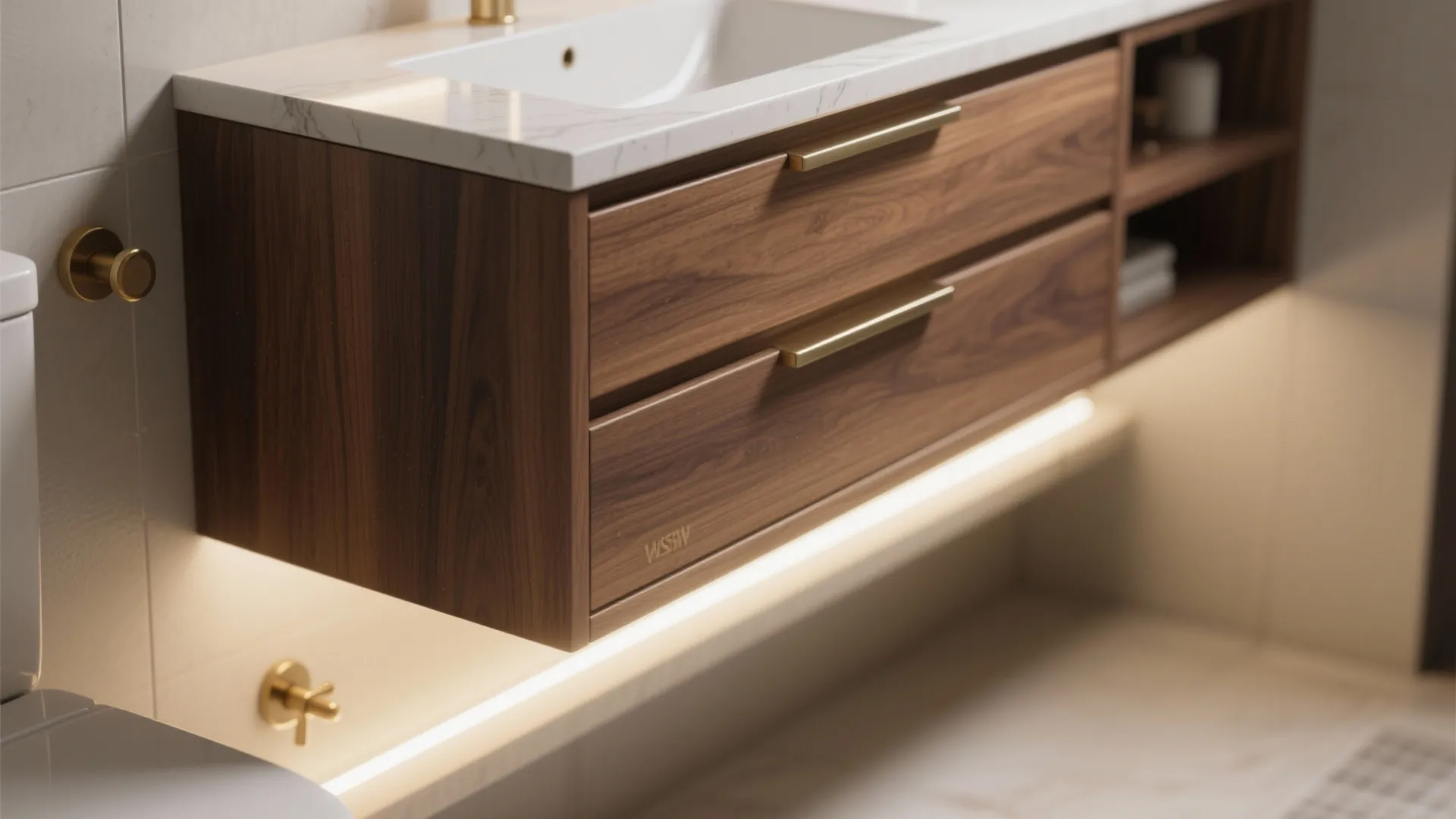 1. Warm Walnut Vanity with Floating Storage