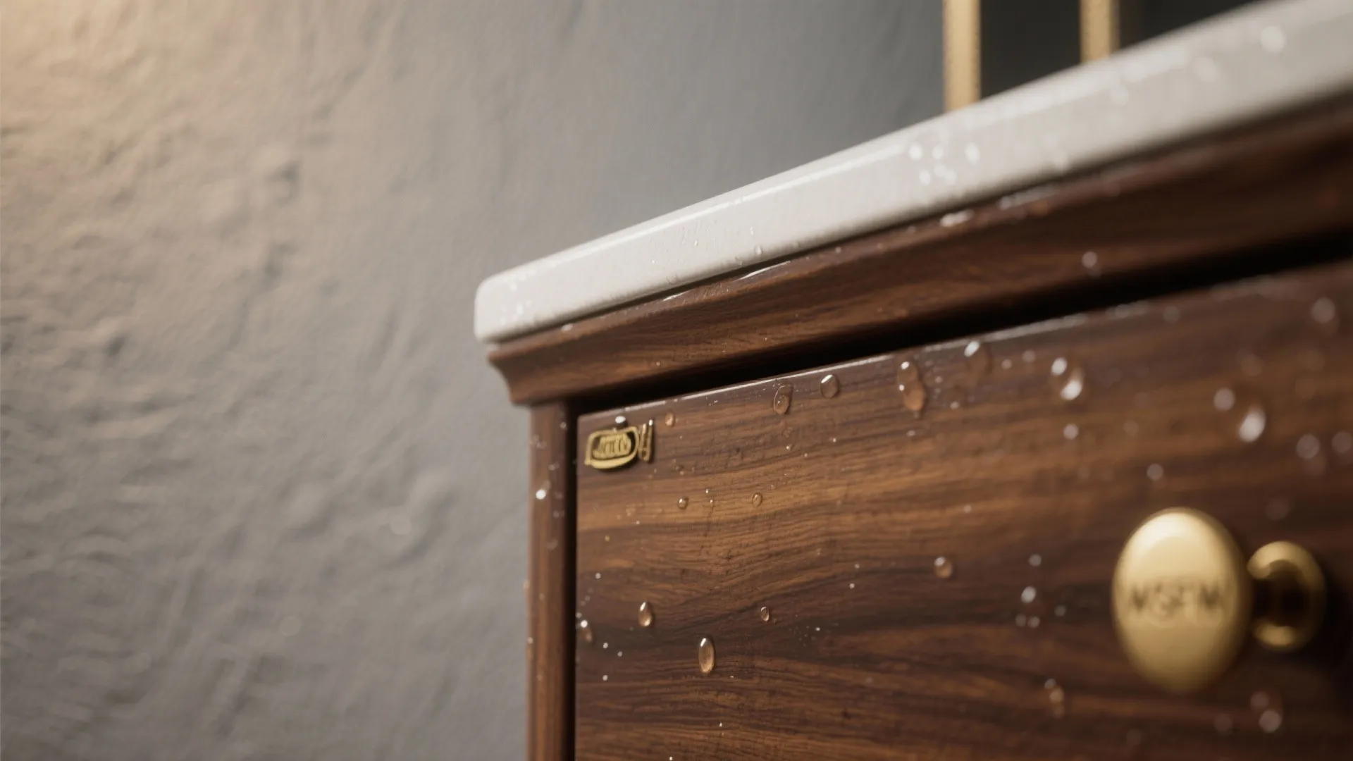 1. Warm gray walls + walnut vanity