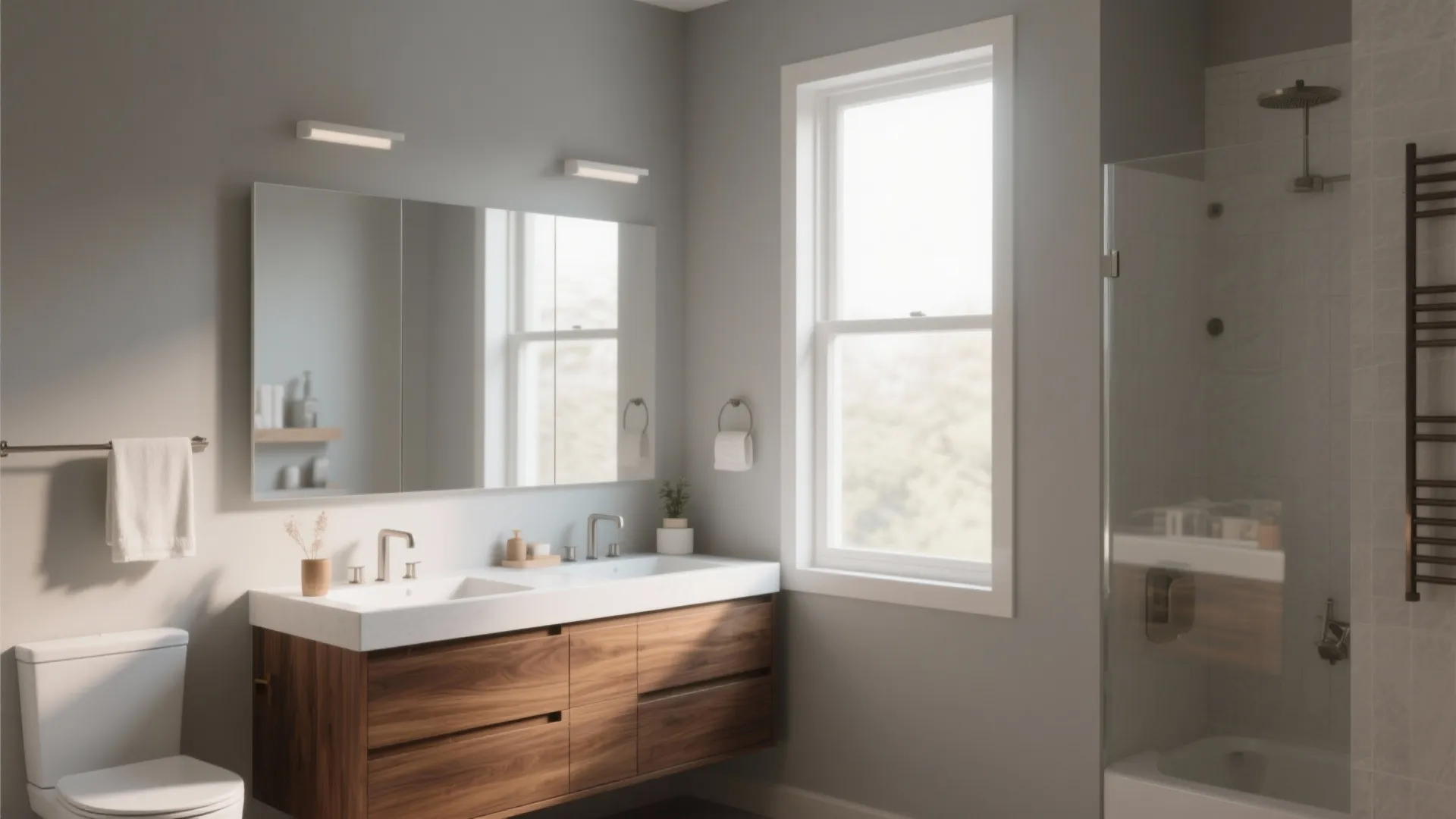 Modern bathroom with double sink wood cabinet grey walls large mirror and bright white window