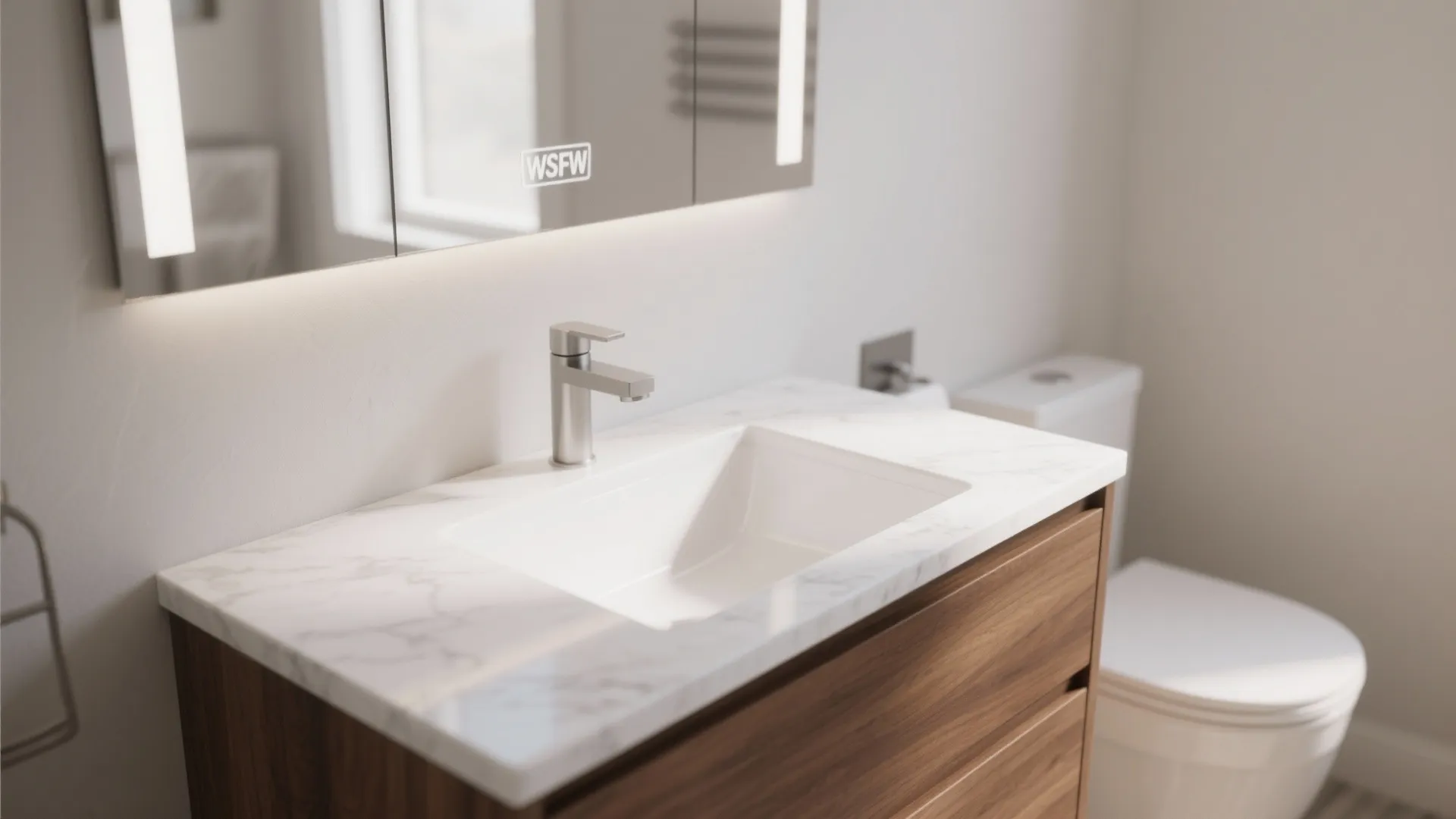 Modern bathroom with walnut wood cabinet white marble sink silver water tap and white toilet