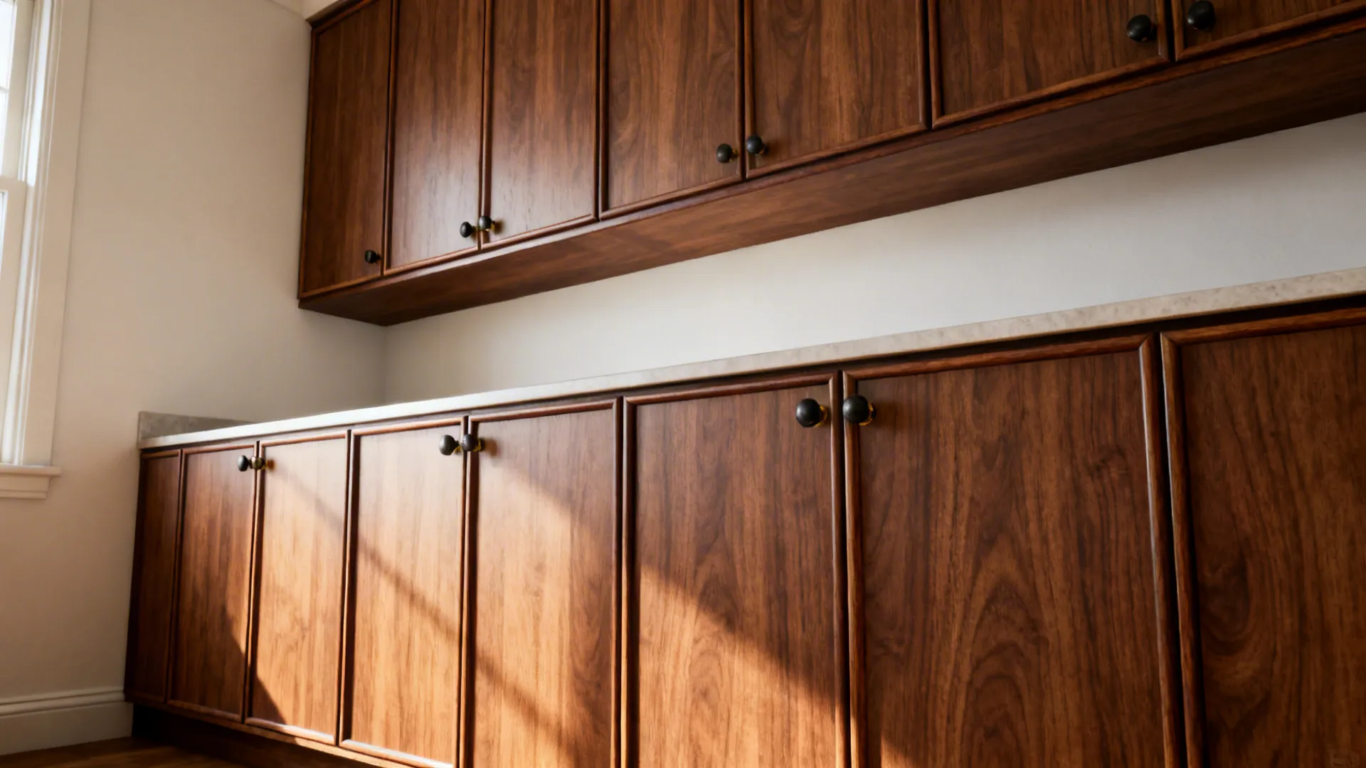 Small kitchen with walnut veneer cabinets and crisp edge banding in soft daylight.