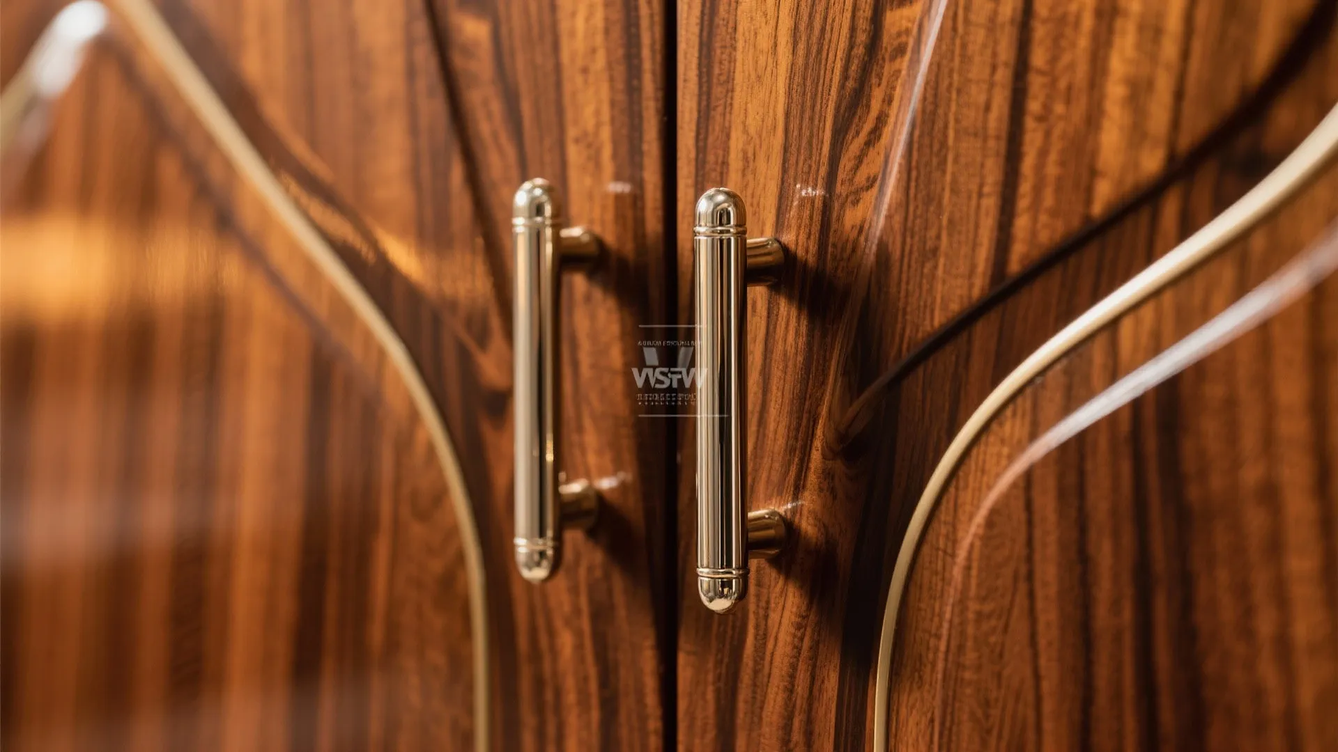 Close up of dark wood cabinet doors featuring elegant gold handles and decorative curved gold trim