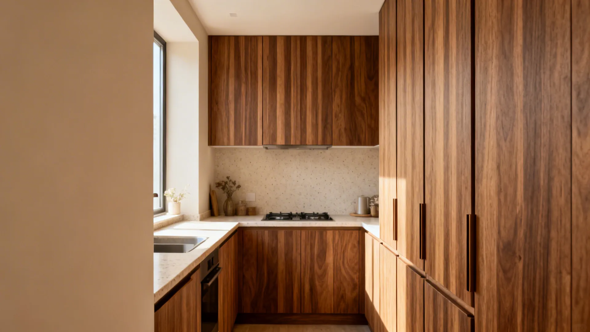 Compact kitchen with vertical-grain walnut-look veneer cabinet doors and light counters.
