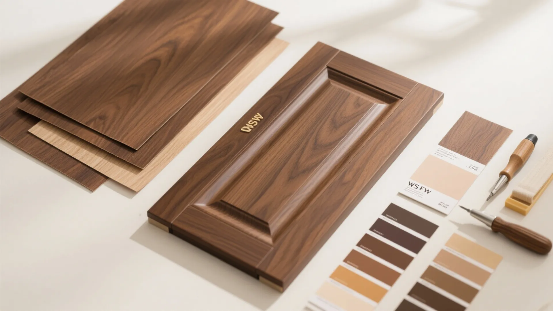 Dark wood cabinet door panel with brown color samples and wood surface sheets on table
