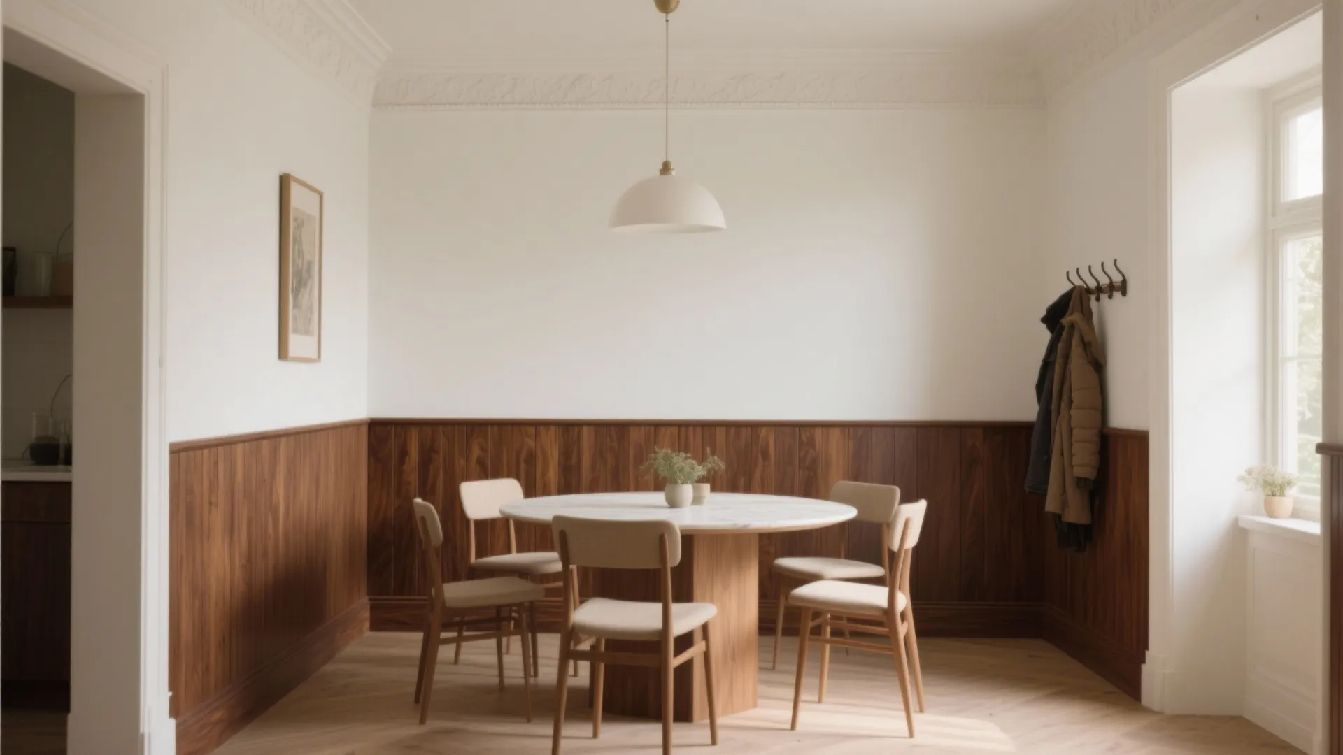 Half-height wainscot to protect walls and warm the room