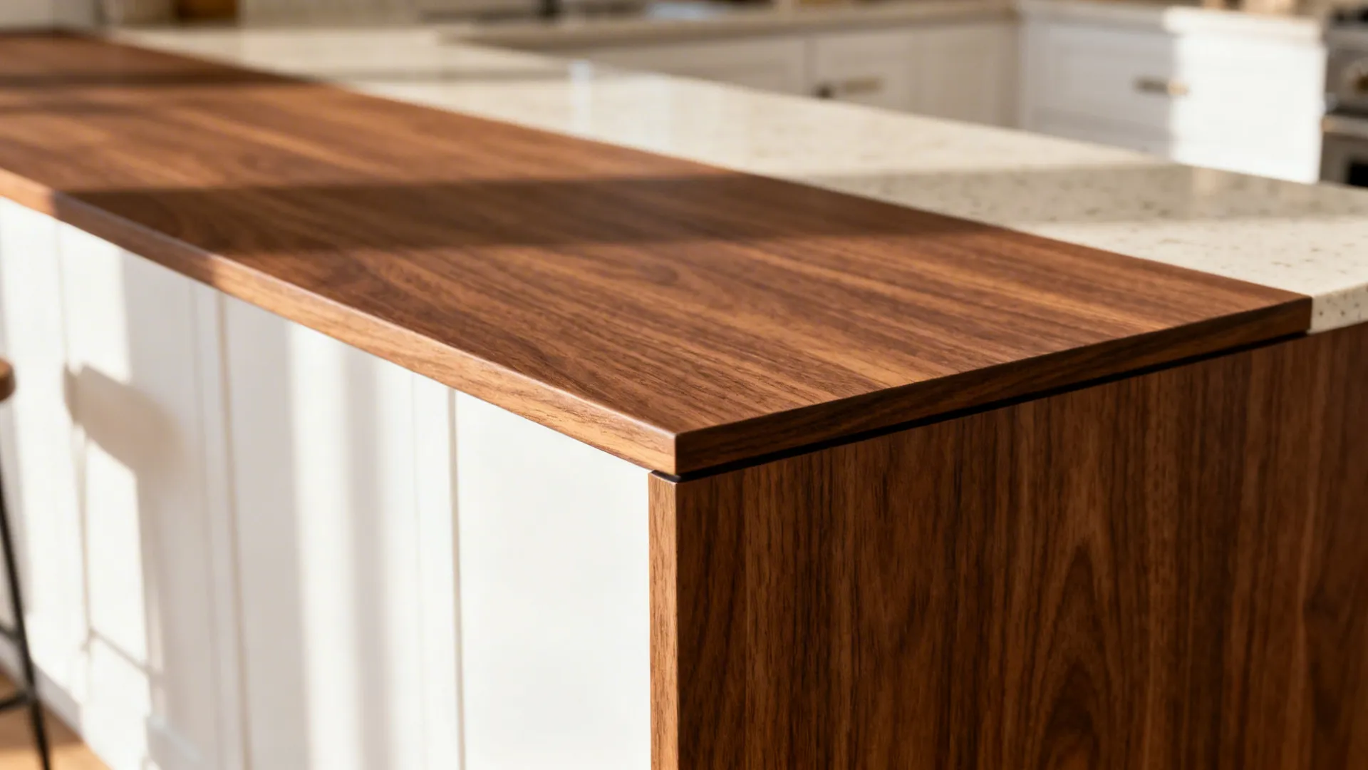 Close-up of a walnut-veneer waterfall edge on a kitchen island with warm grain.