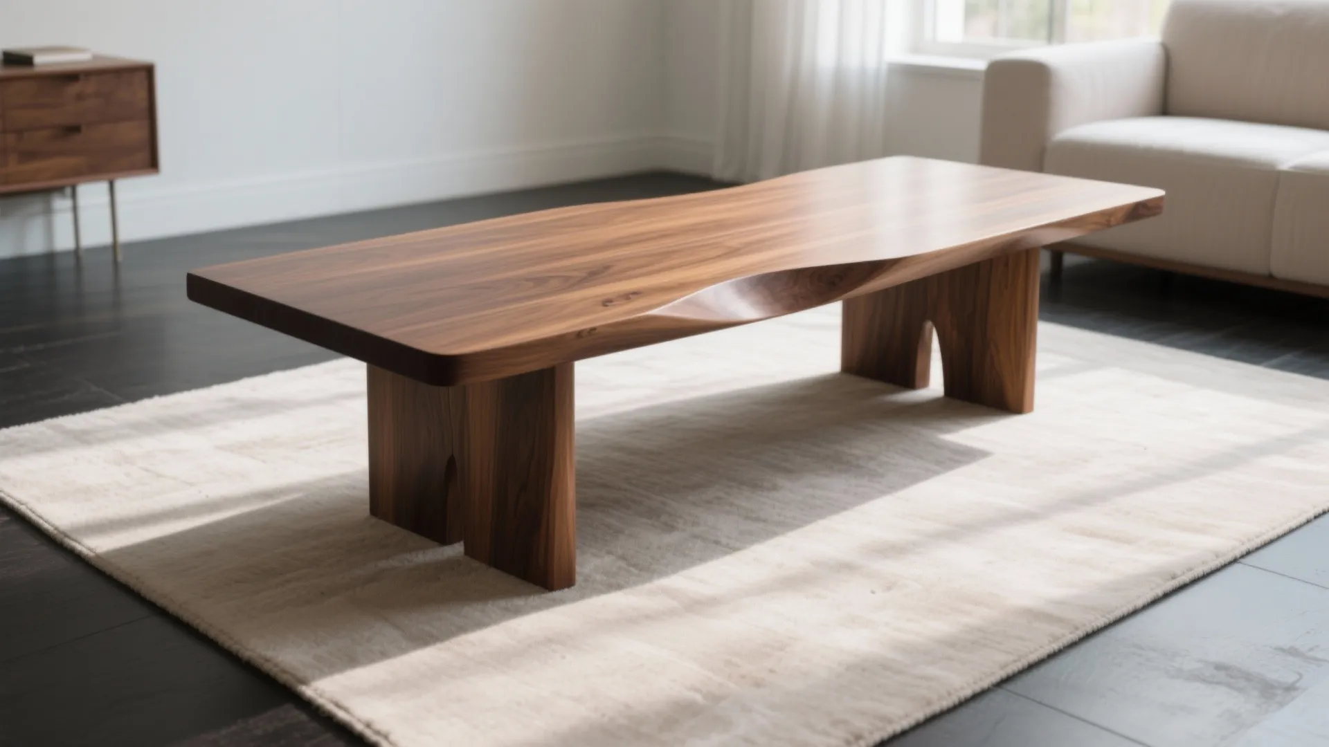 Modern dark wood coffee table placed on a beige rug in a bright living room