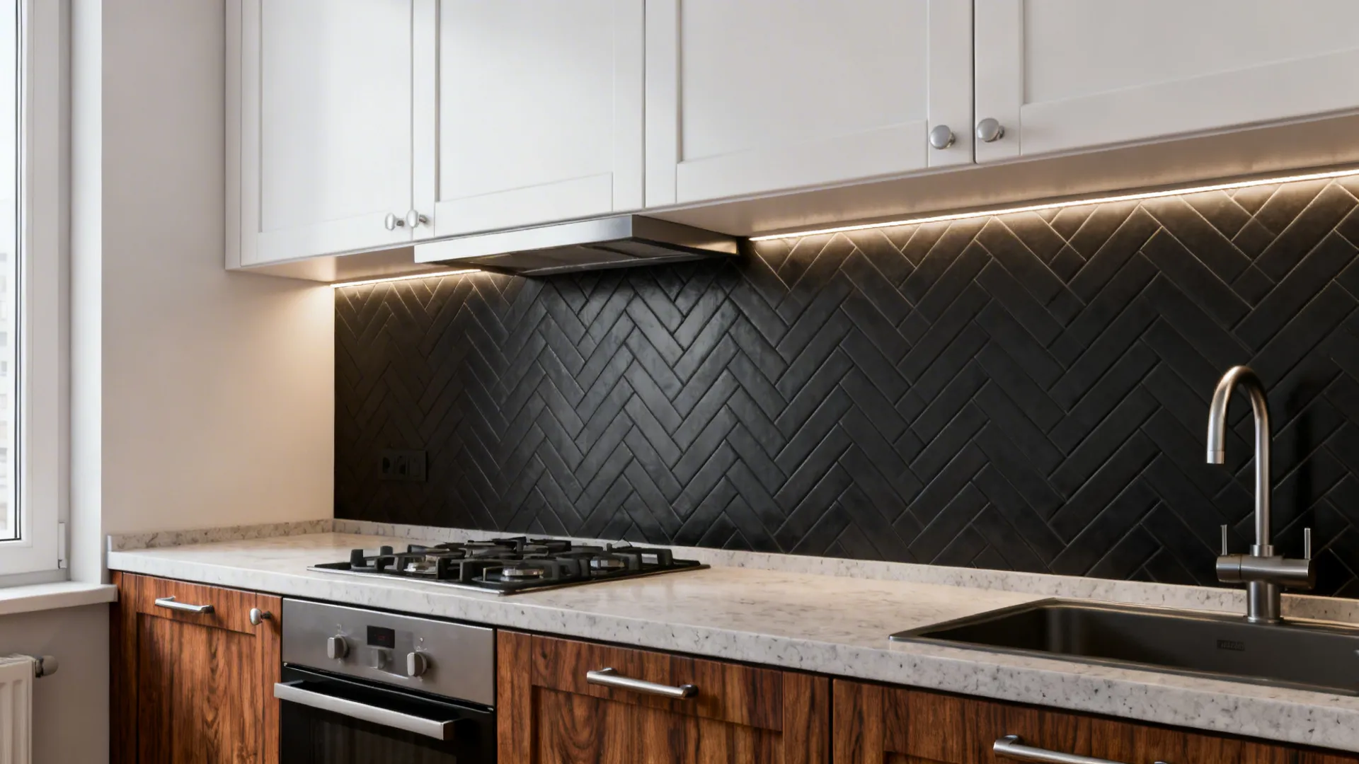 Warm Walnut + White Cabinets + Dark Herringbone Backsplash