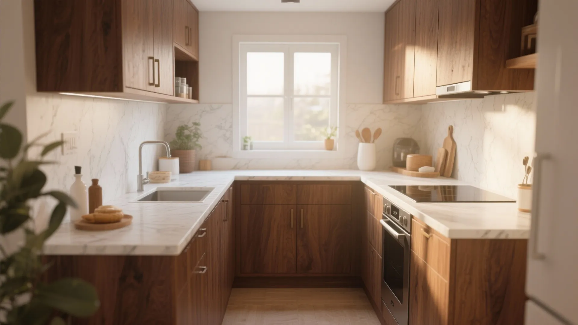 Walnut wood kitchen cabinets with white marble countertops and a window on the back wall