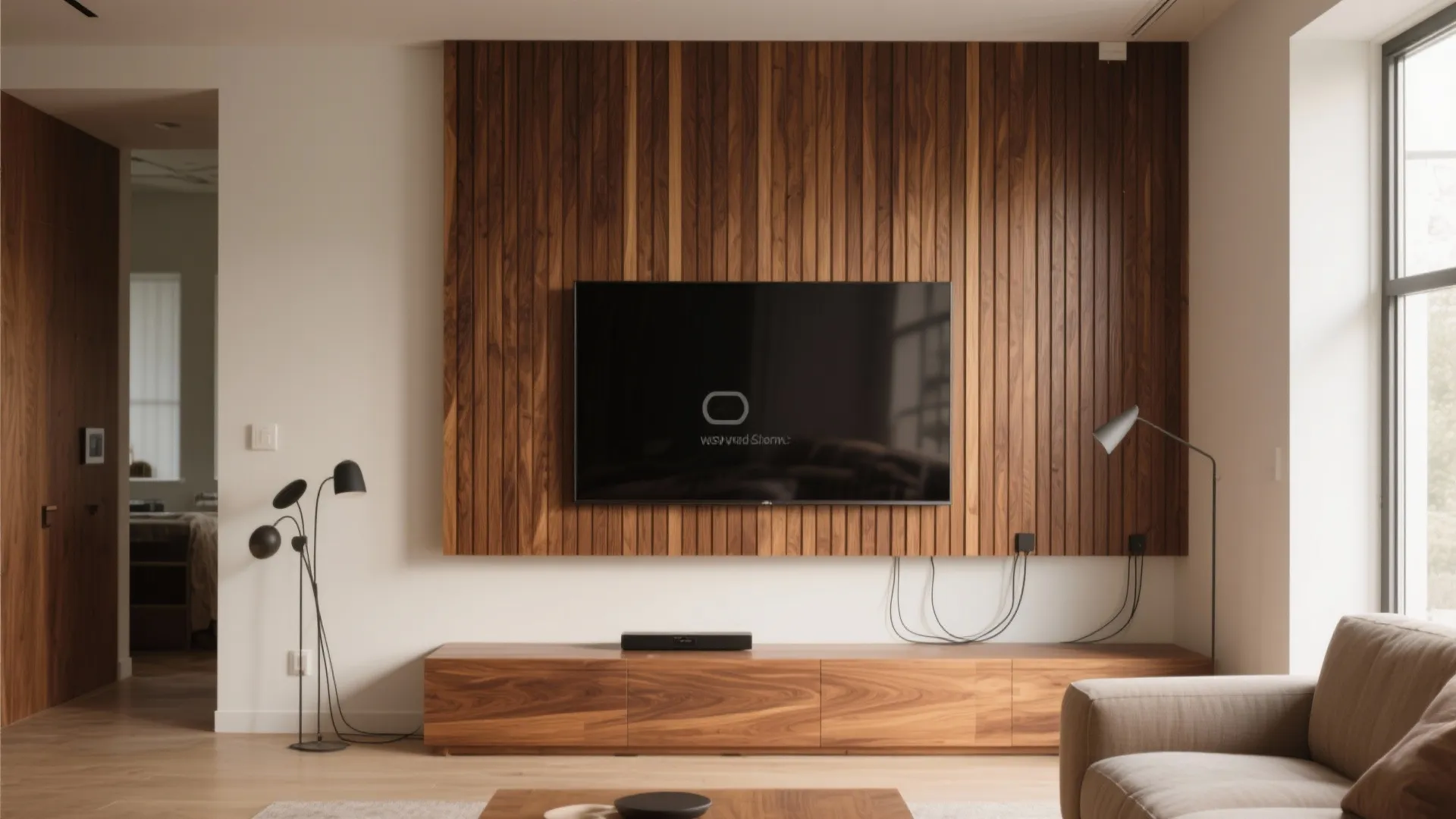 Living room featuring walnut wood slat wall panel behind a television with a floor lamp