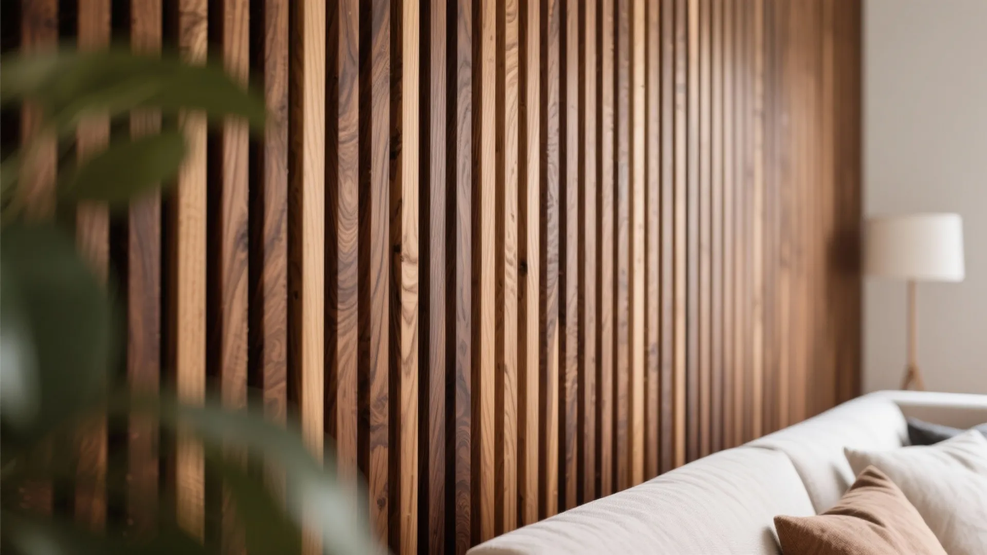 Close-up texture of walnut wood slat accent wall