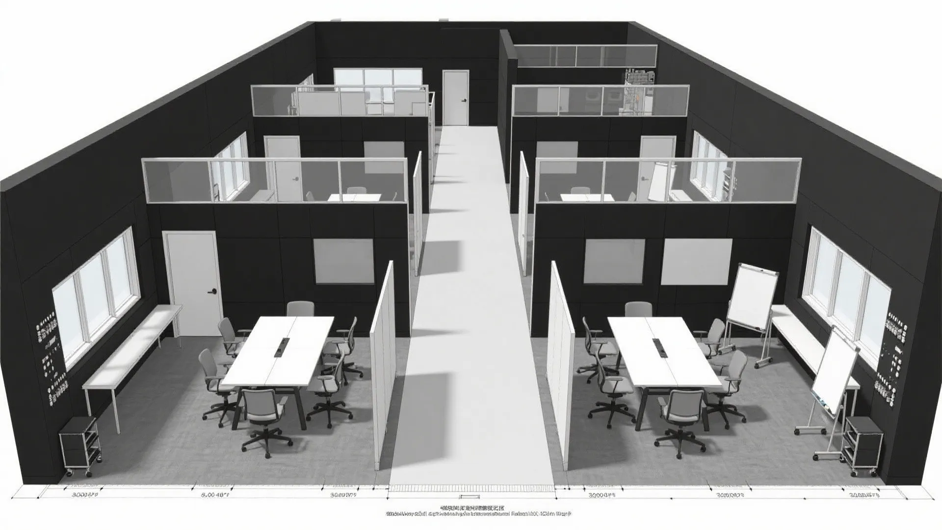 Modern office interior design drawing showing long white tables grey chairs and dark wall panels