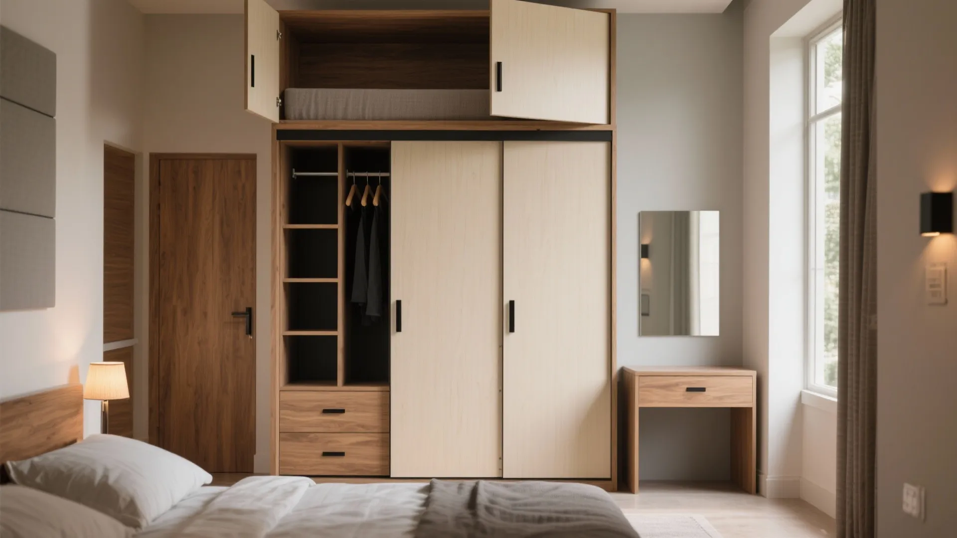 Light wood wardrobe with sliding doors and top storage cabinets next to a small desk
