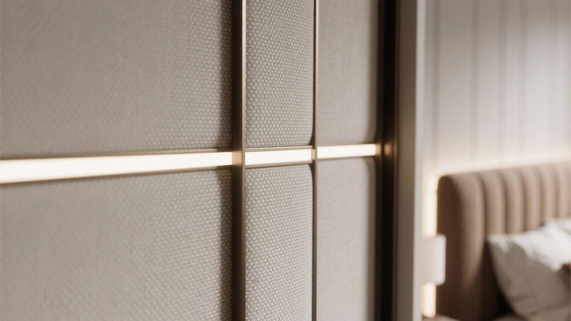 Close up of beige fabric wall panel with built in light strip in modern bedroom