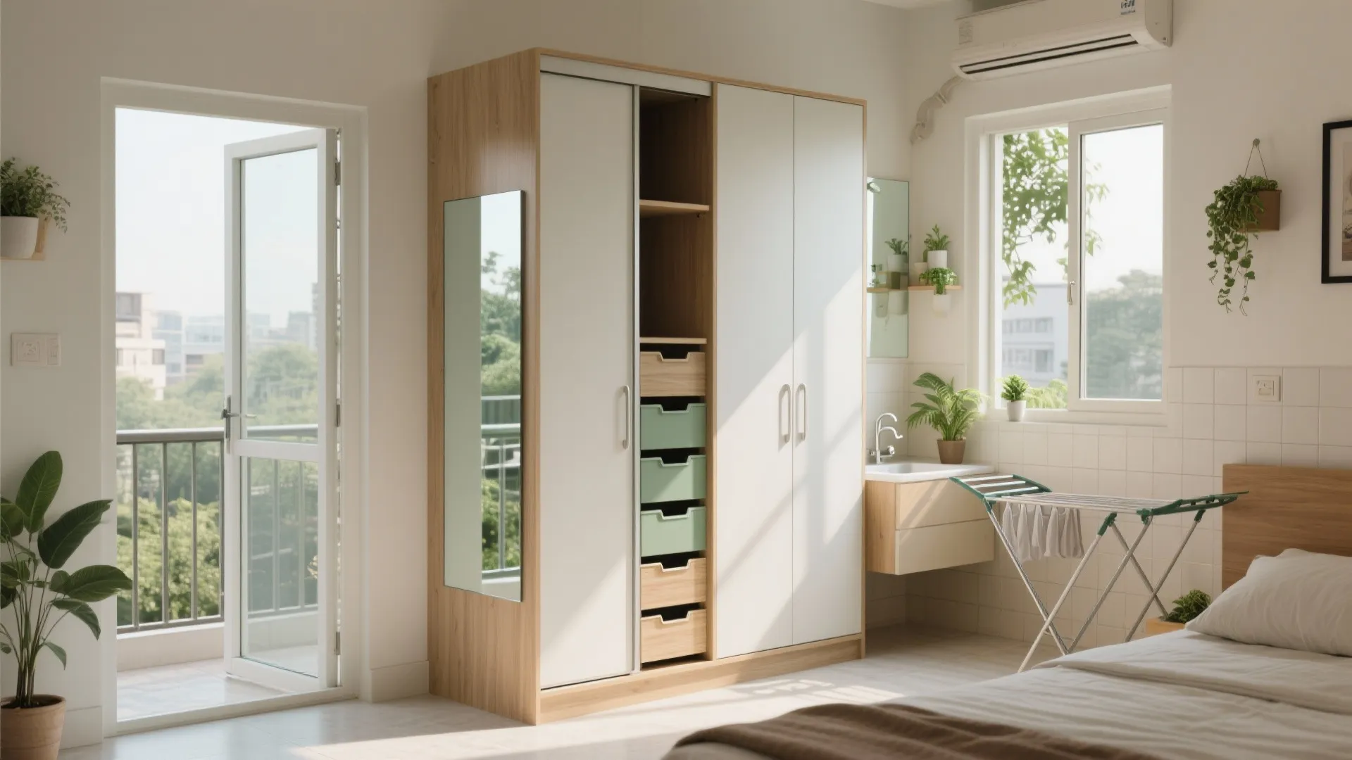 Balcony Utility Zone and Slim Wardrobe Planning