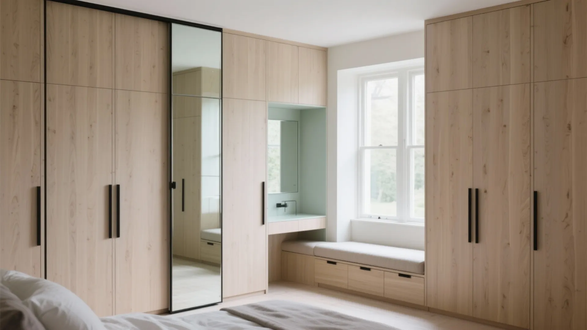 Storage that breathes: full-height wardrobes and bay seating