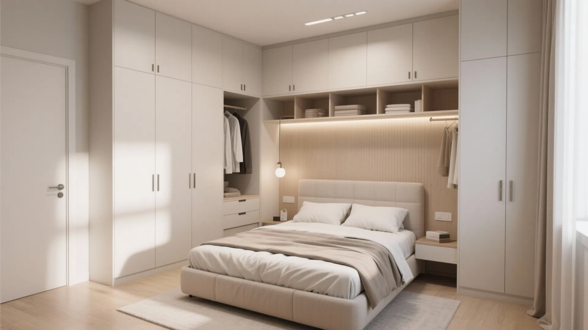 Built-in wardrobes around bed in a cozy small bedroom alcove.