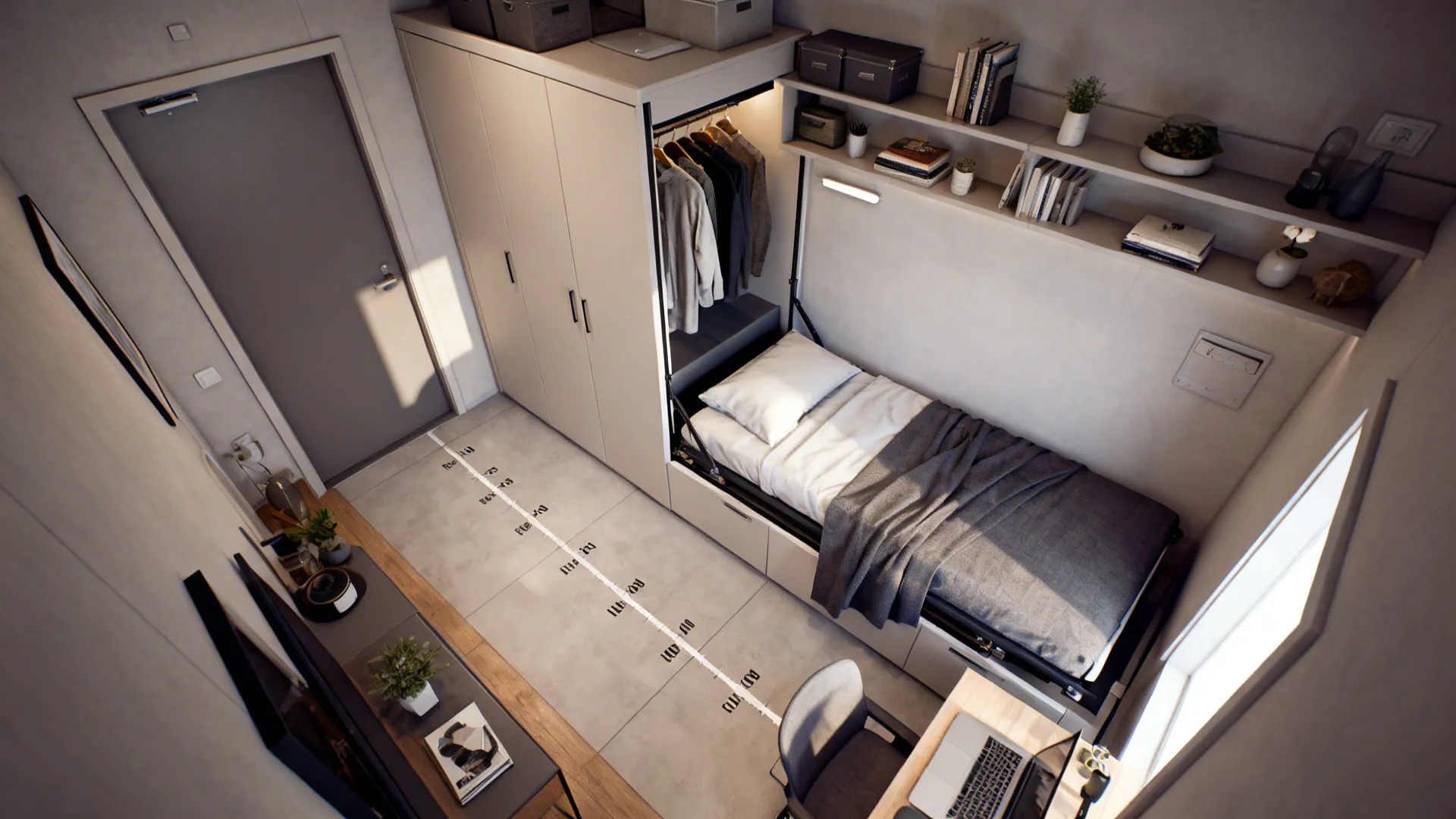 Compact wardrobe hiding a fold-down bed with wall shelves above, shown in a top-down layout view