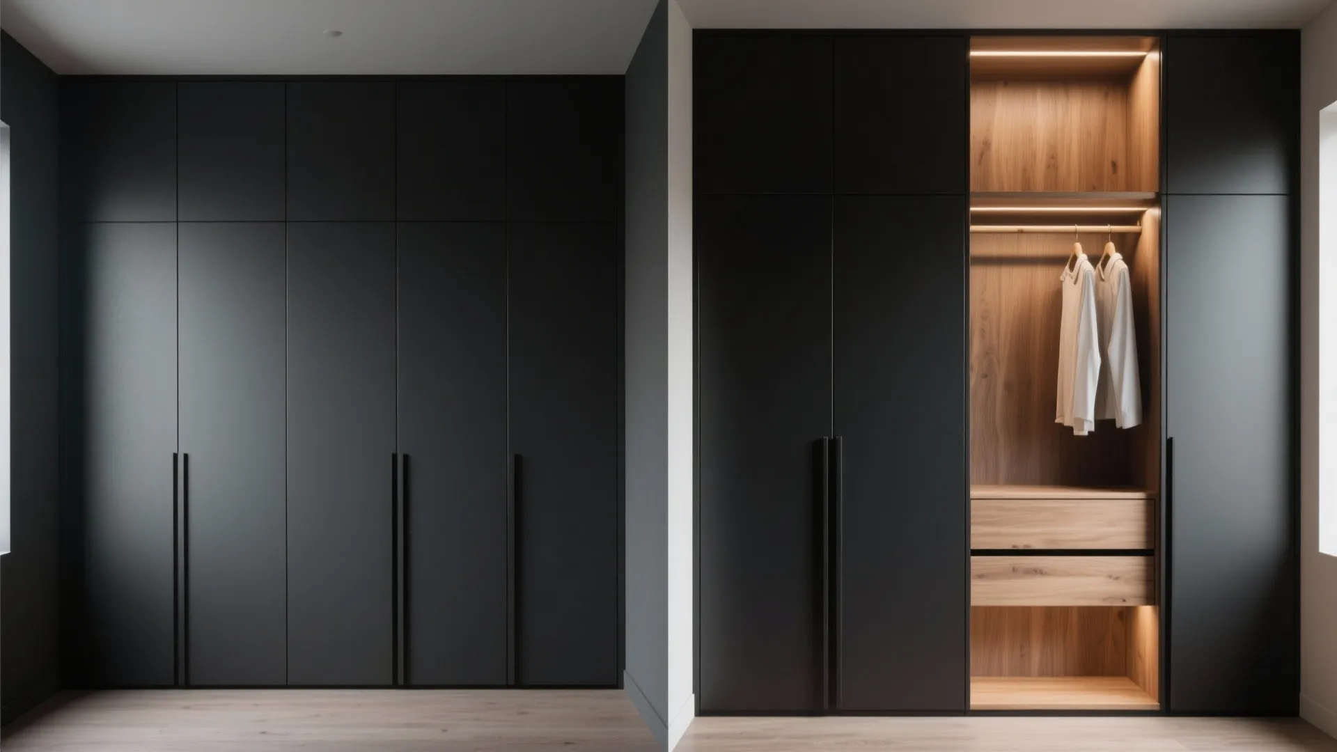 Before-and-after integrated wardrobe with matte black doors and warm wood interior showing organized storage