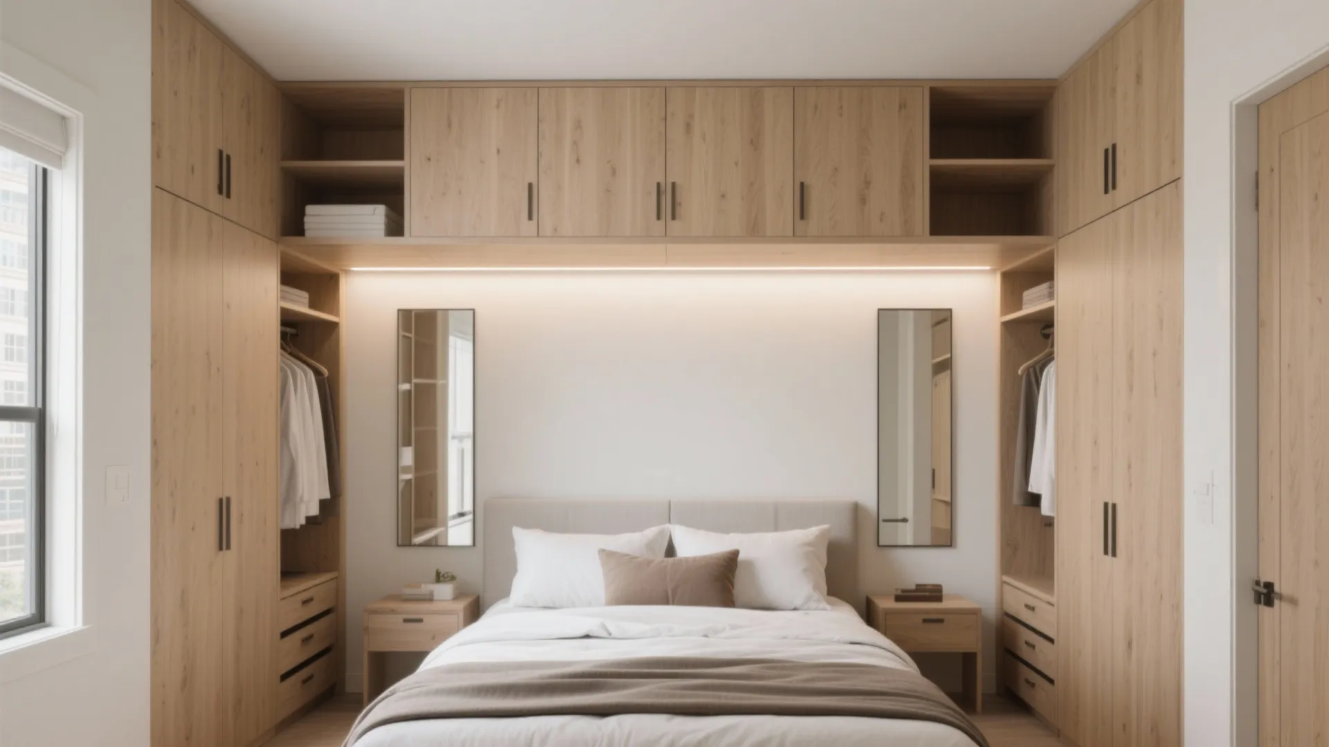 Wardrobe bridge with shallow overhead cabinets and full-height closets framing a king bed, with a clear passage.