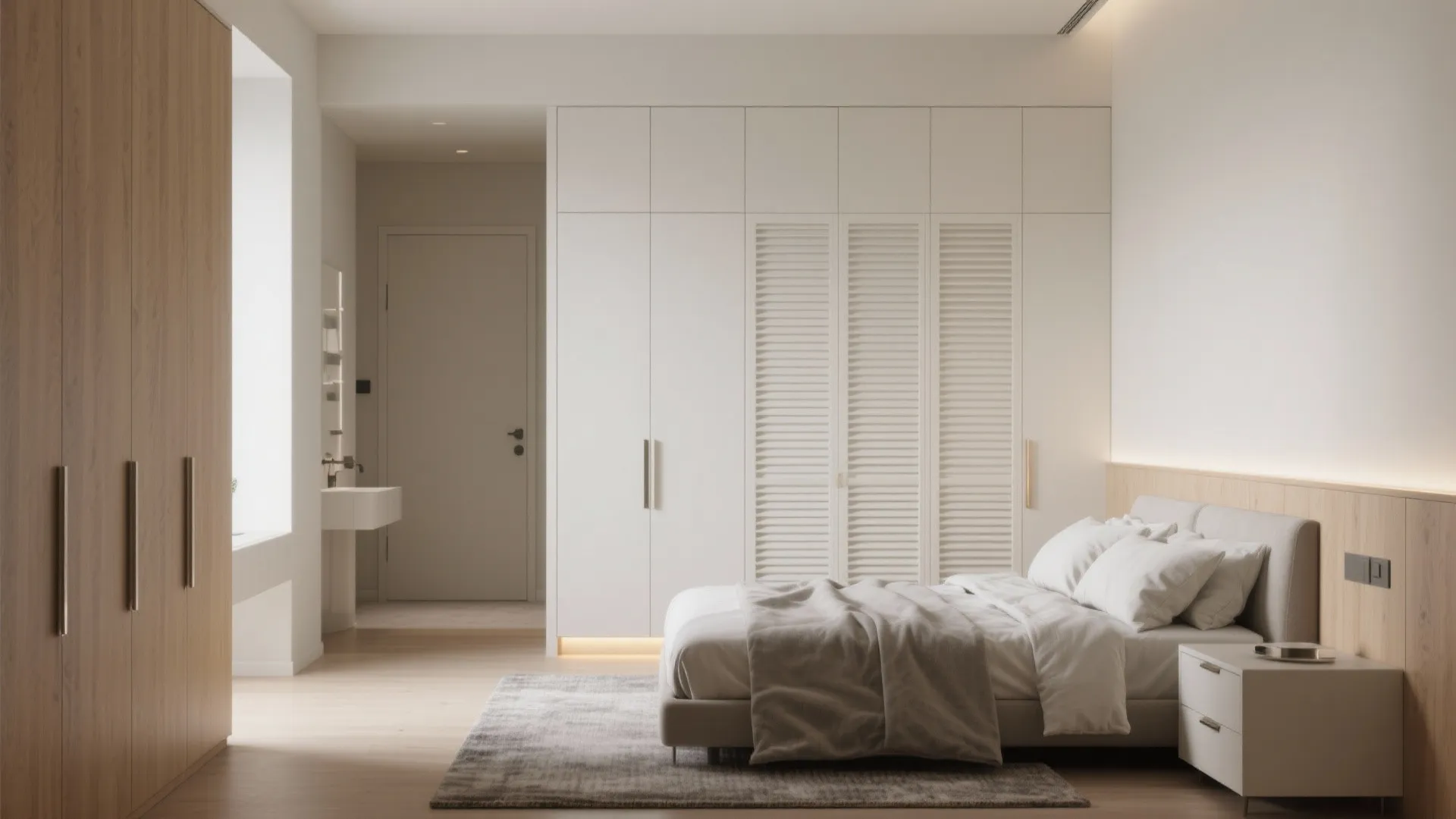 Minimalist white bedroom featuring a large built in cabinet and a view of the bathroom
