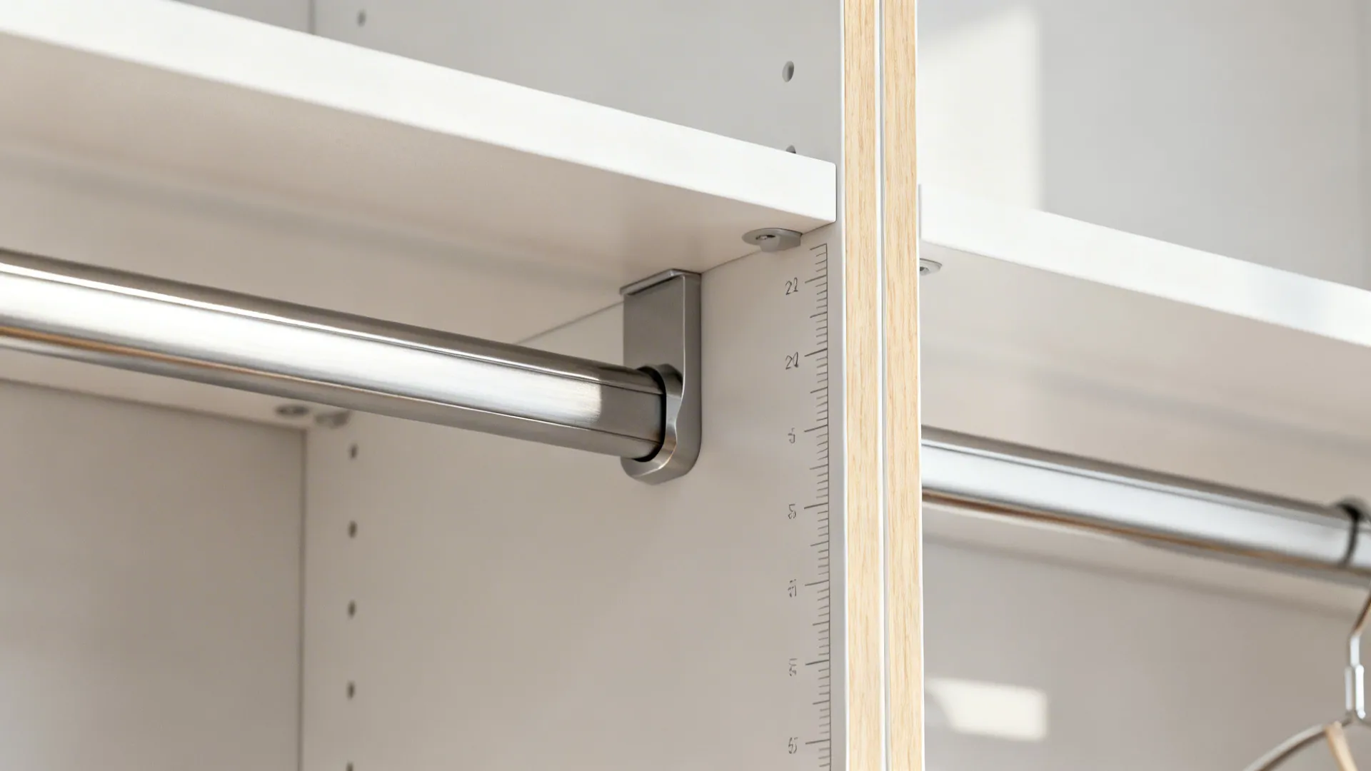 Macro of wardrobe shelf and hanging rod showing precise clearance dimensions.