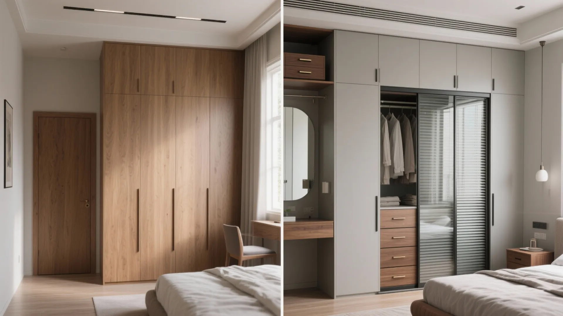 Split view of bedroom wardrobes showing basic laminate versus upgraded floor-to-ceiling glass and mirror shutters with loft storage.