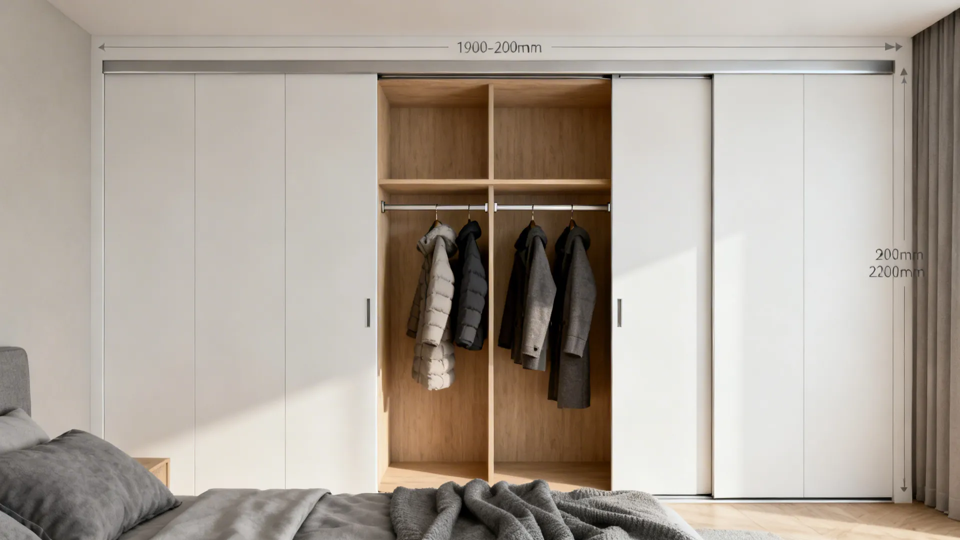 Minimalist sliding-door wardrobe showing 600 mm depth and dual hanging space.
